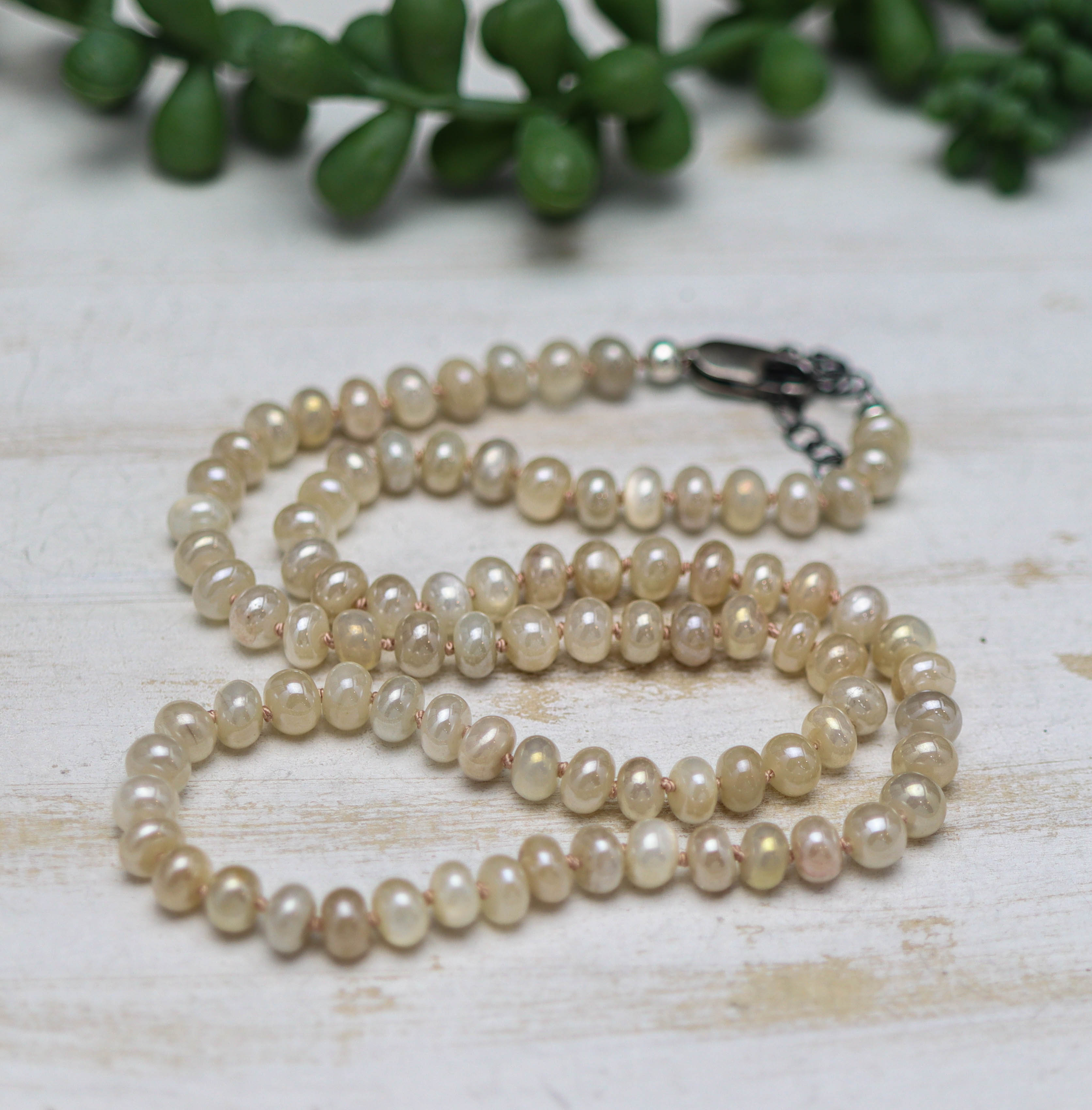 Soft Peach Moonstone Hand Knotted Bead Necklace Sterling Silver