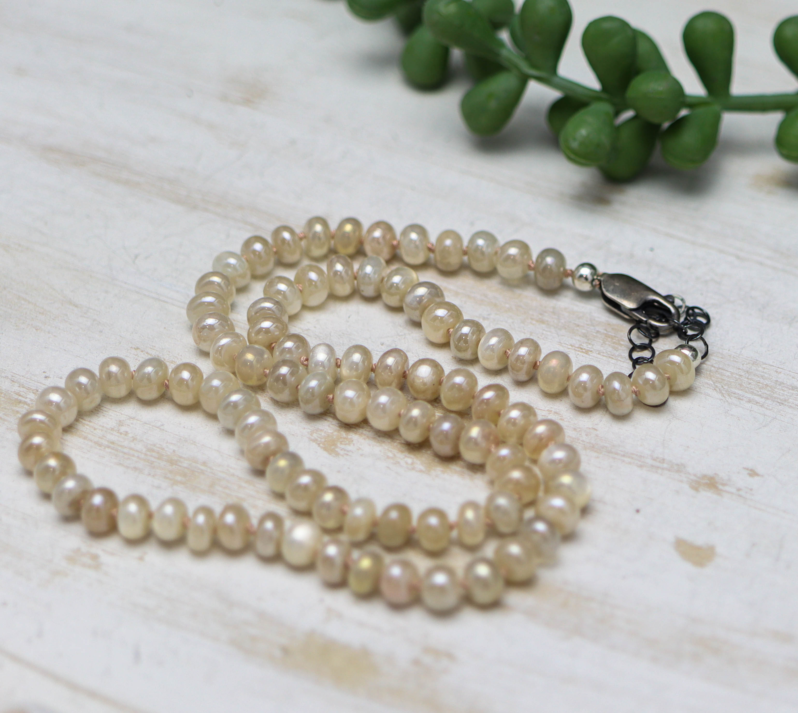 Soft Peach Moonstone Hand Knotted Bead Necklace Sterling Silver