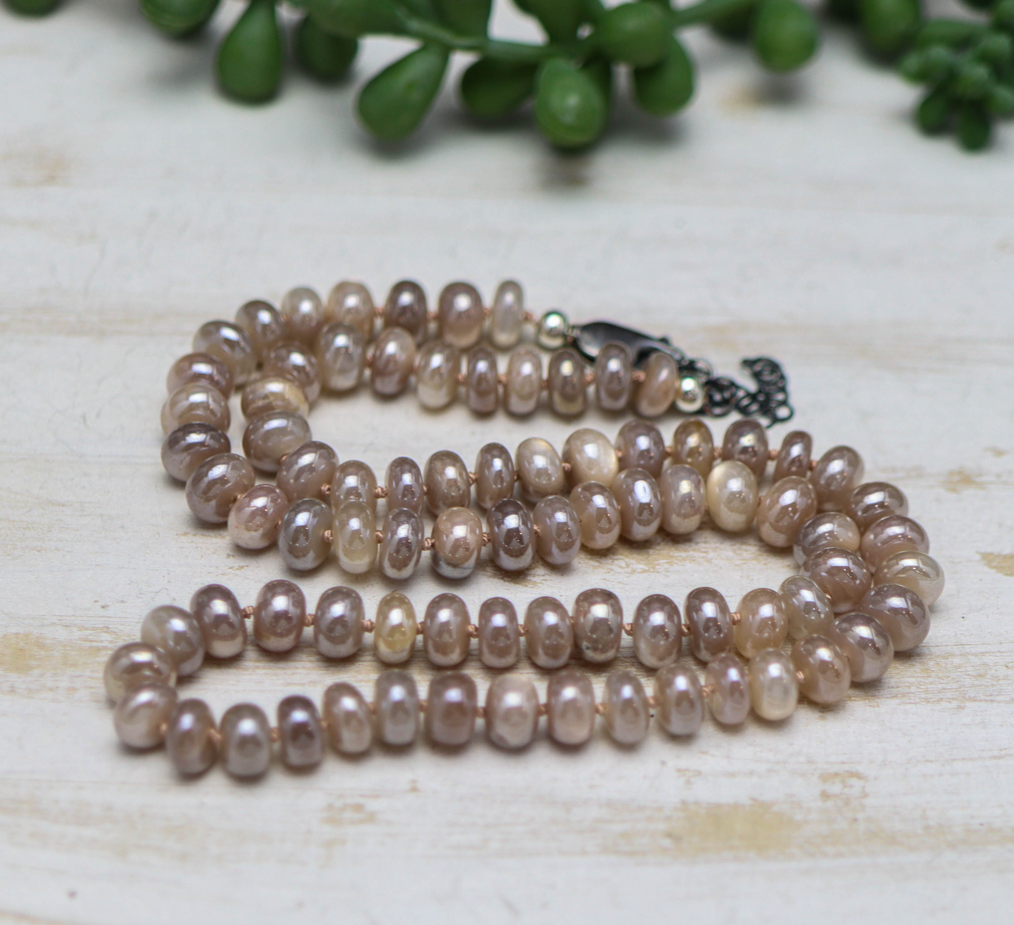 Peach Moonstone Hand Knotted Bead Necklace Sterling Silver