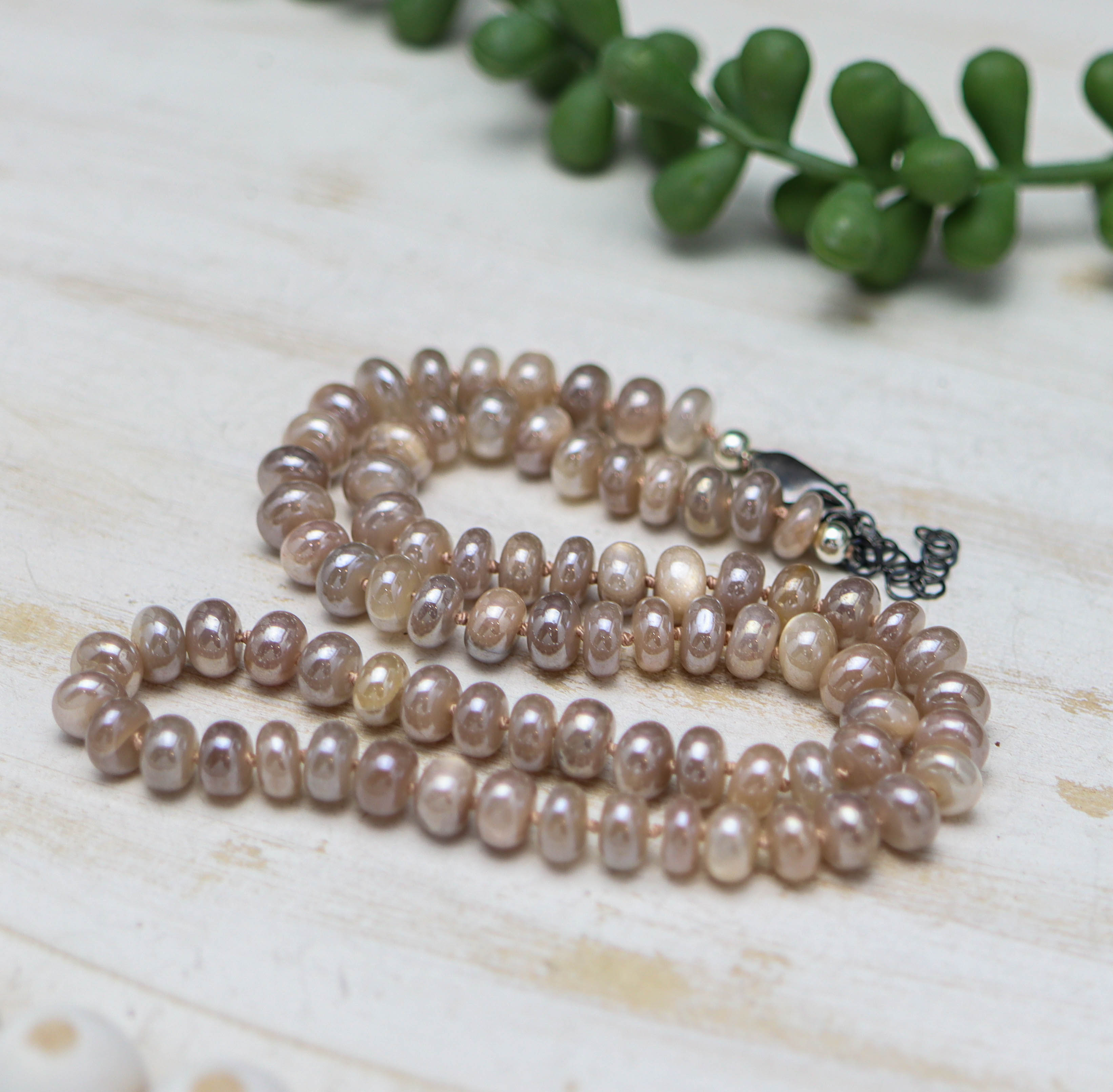 Peach Moonstone Hand Knotted Bead Necklace Sterling Silver