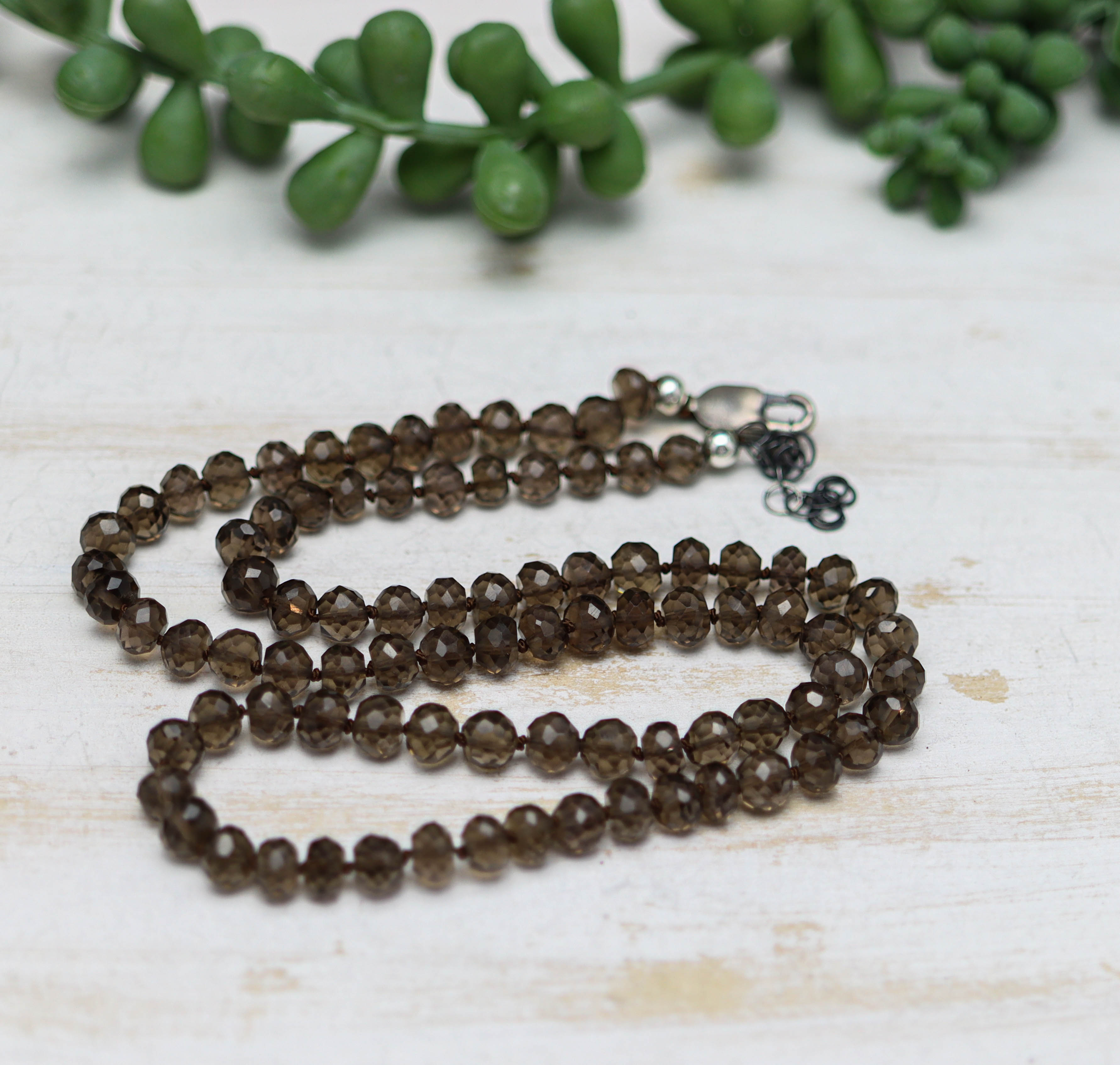 Smoky Quartz Hand Knotted Bead Necklace Sterling Silver