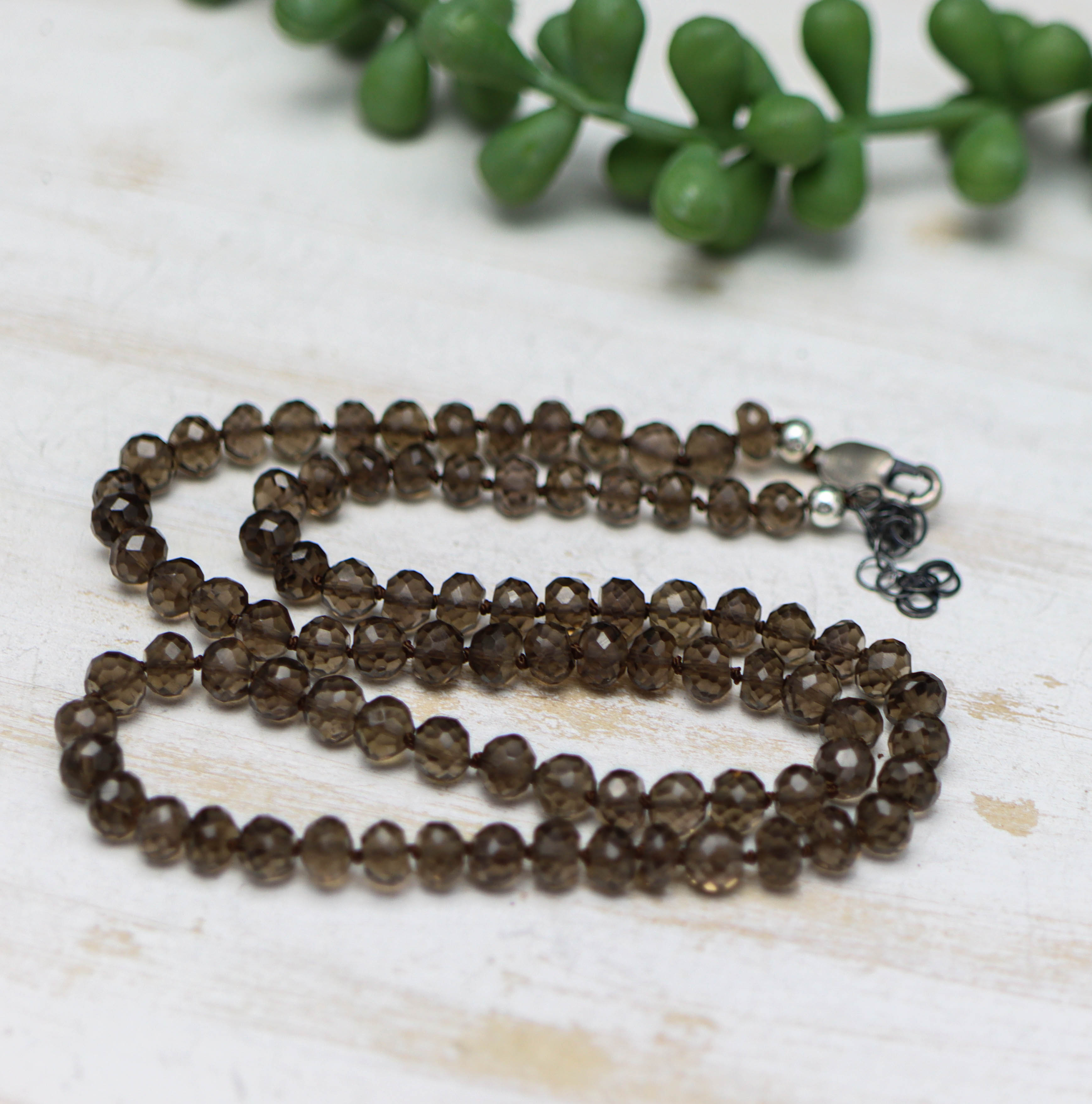 Smoky Quartz Hand Knotted Bead Necklace Sterling Silver