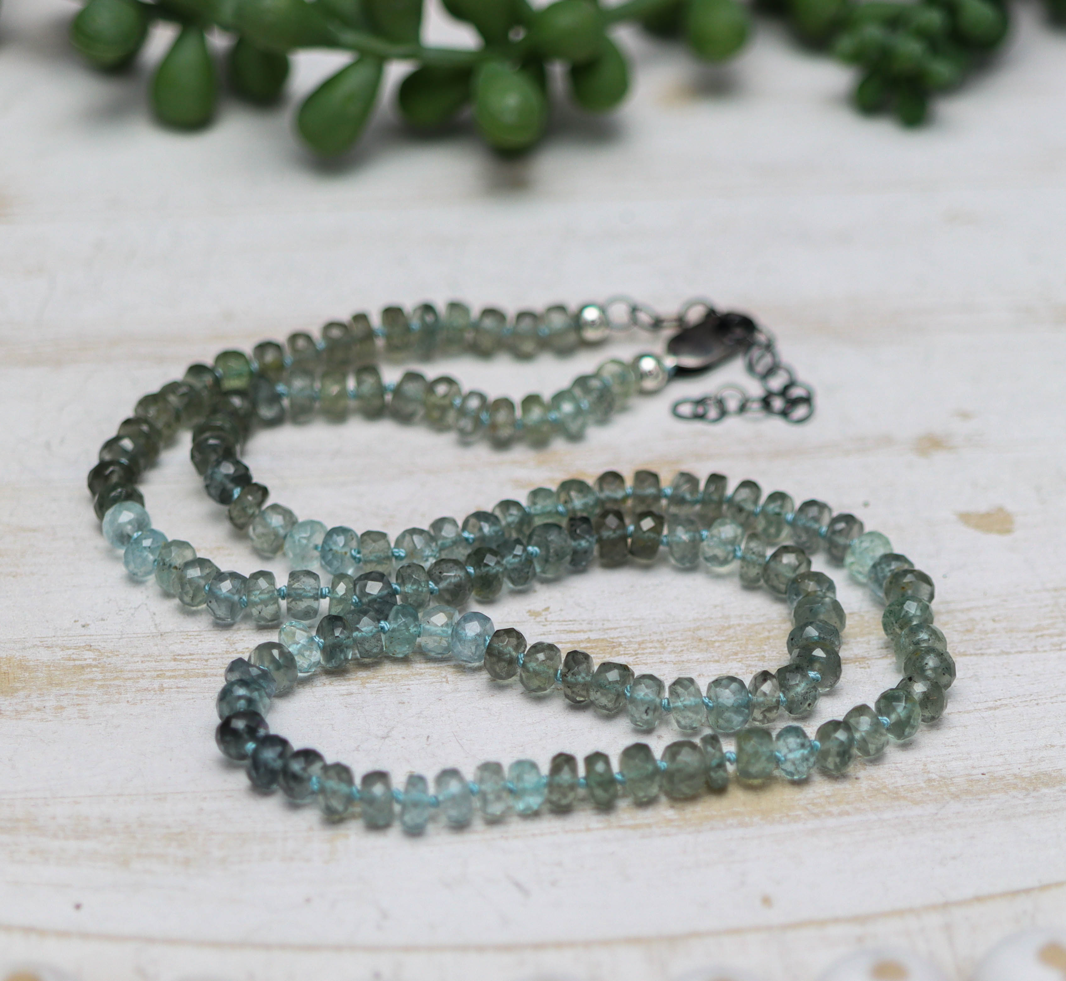Aquamarine Hand Knotted Bead Necklace Sterling Silver 18.5 Inch