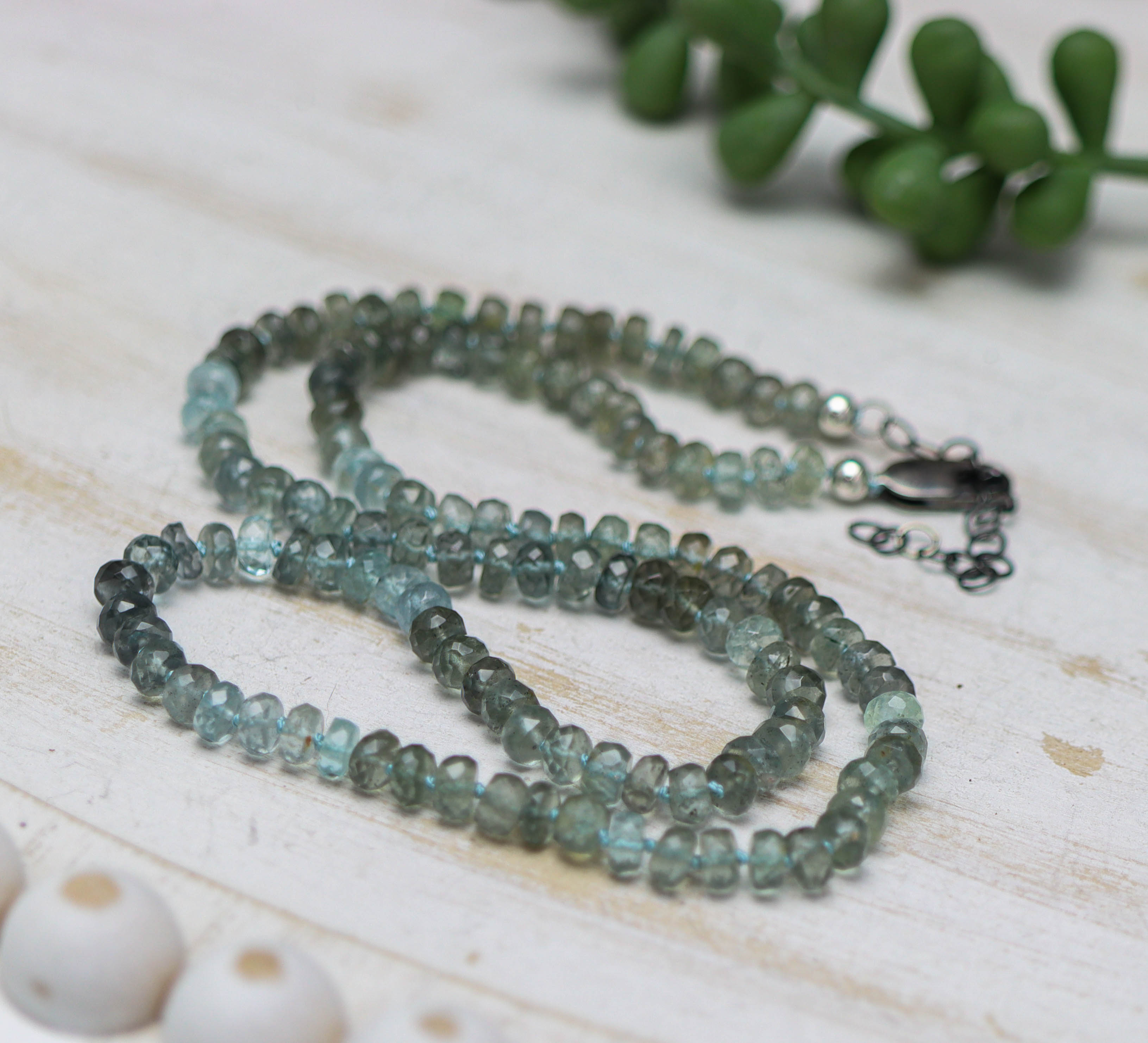 Aquamarine Hand Knotted Bead Necklace Sterling Silver 18.5 Inch