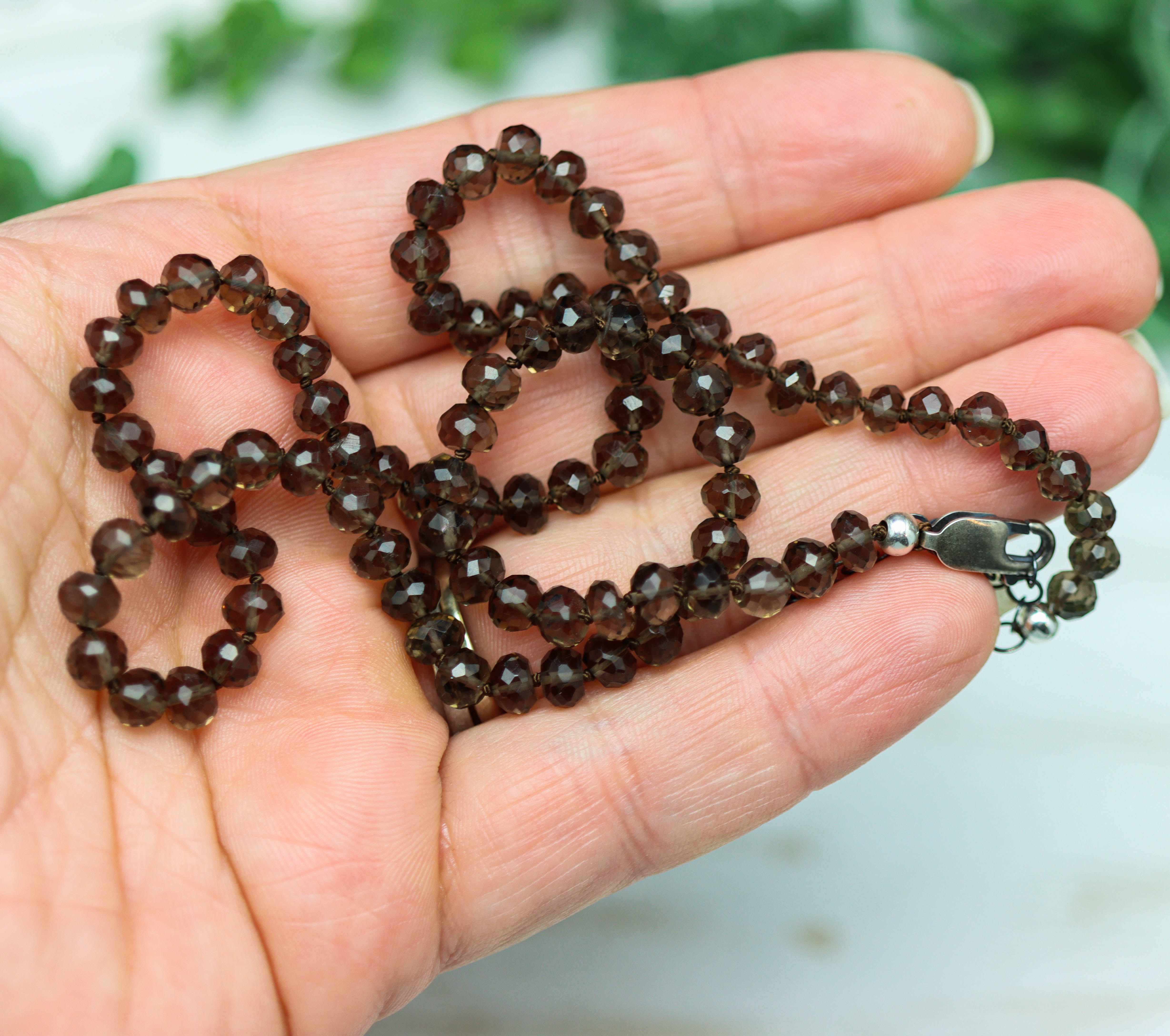 Smoky Quartz Hand Knotted Bead Necklace Sterling Silver