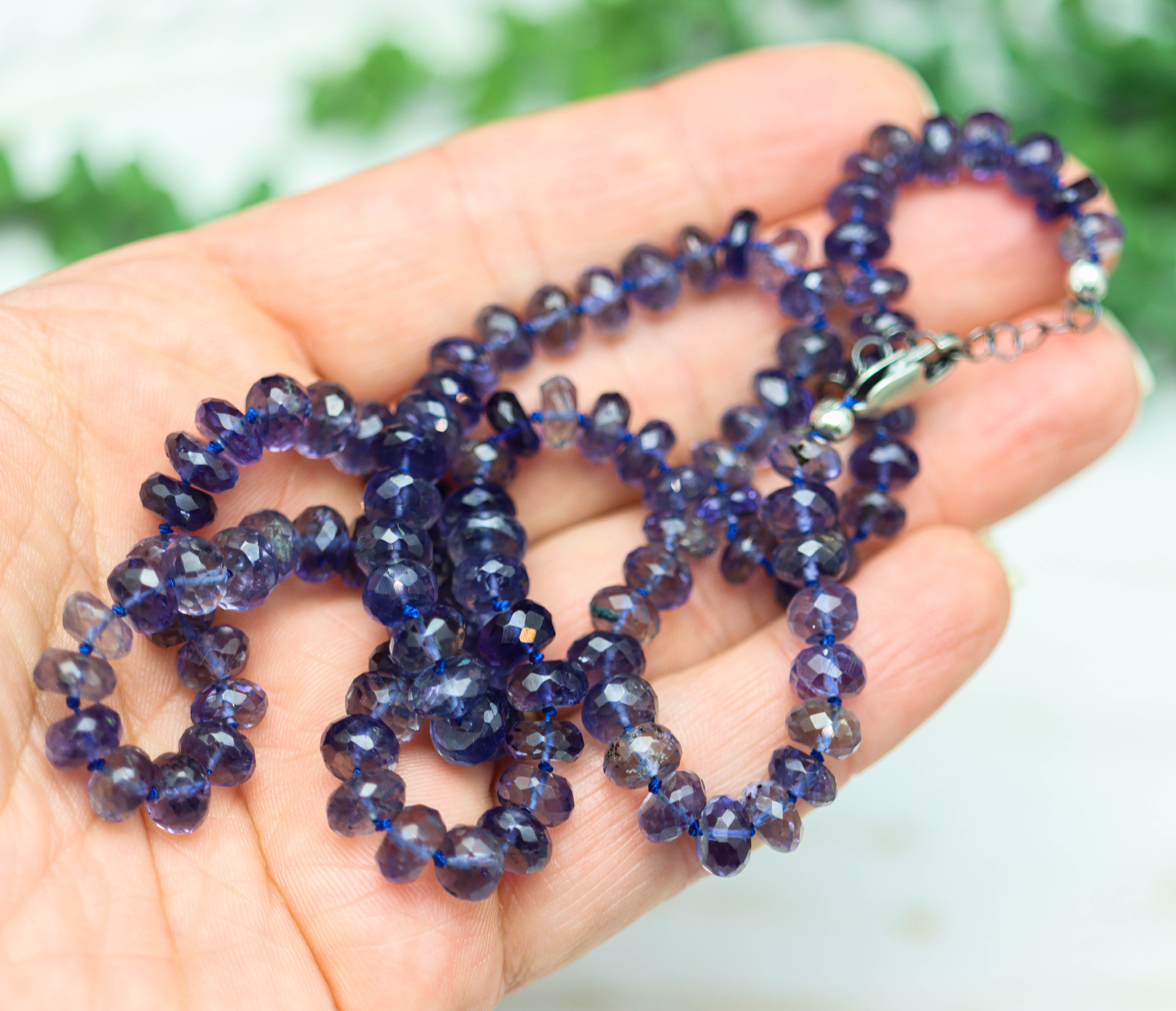 Blue Violet Iolite Hand Knotted Bead Necklace Sterling Silver