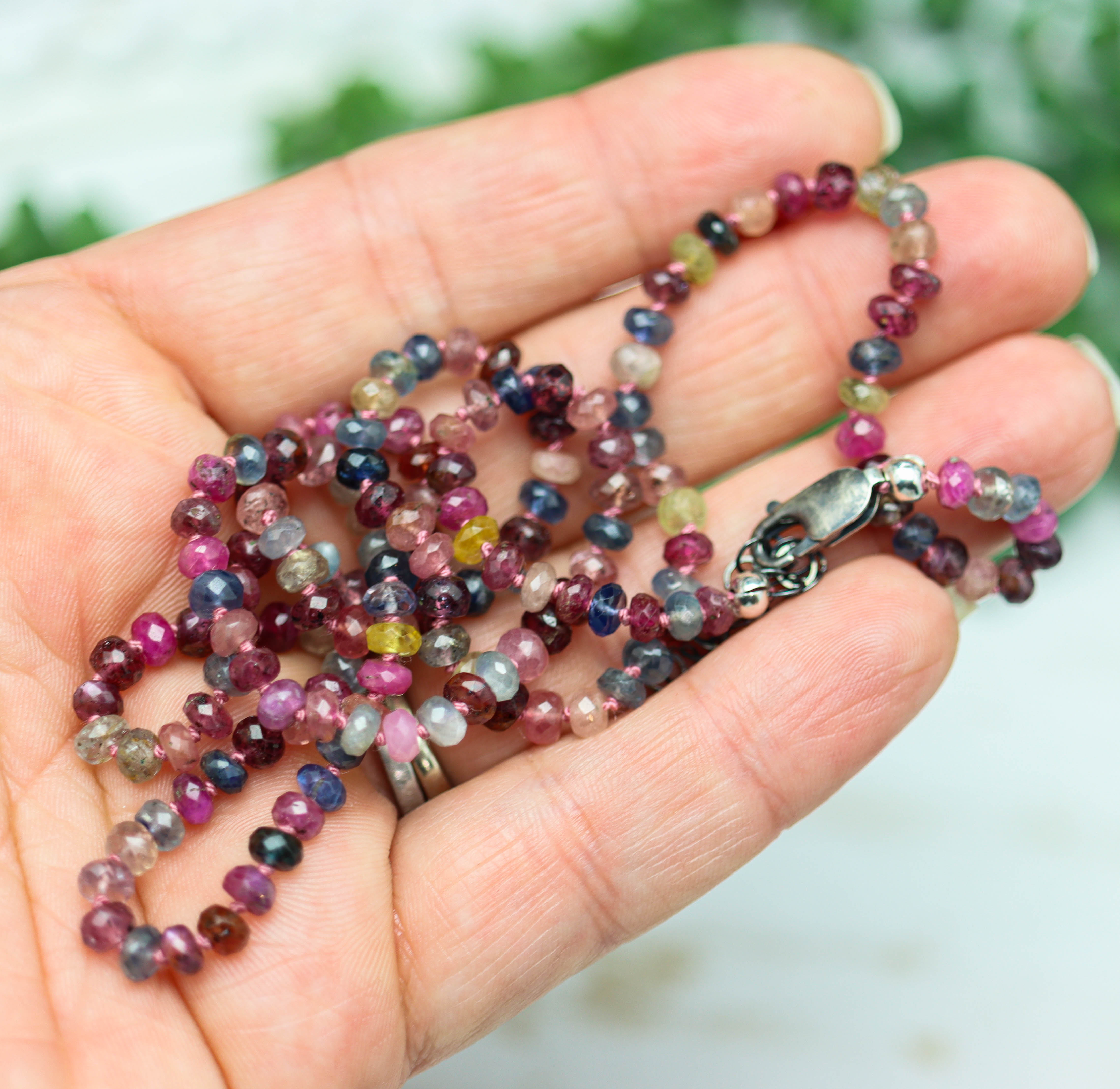 Multi Colored Sapphire Hand Knotted Bead Necklace Sterling Silver 24 inch