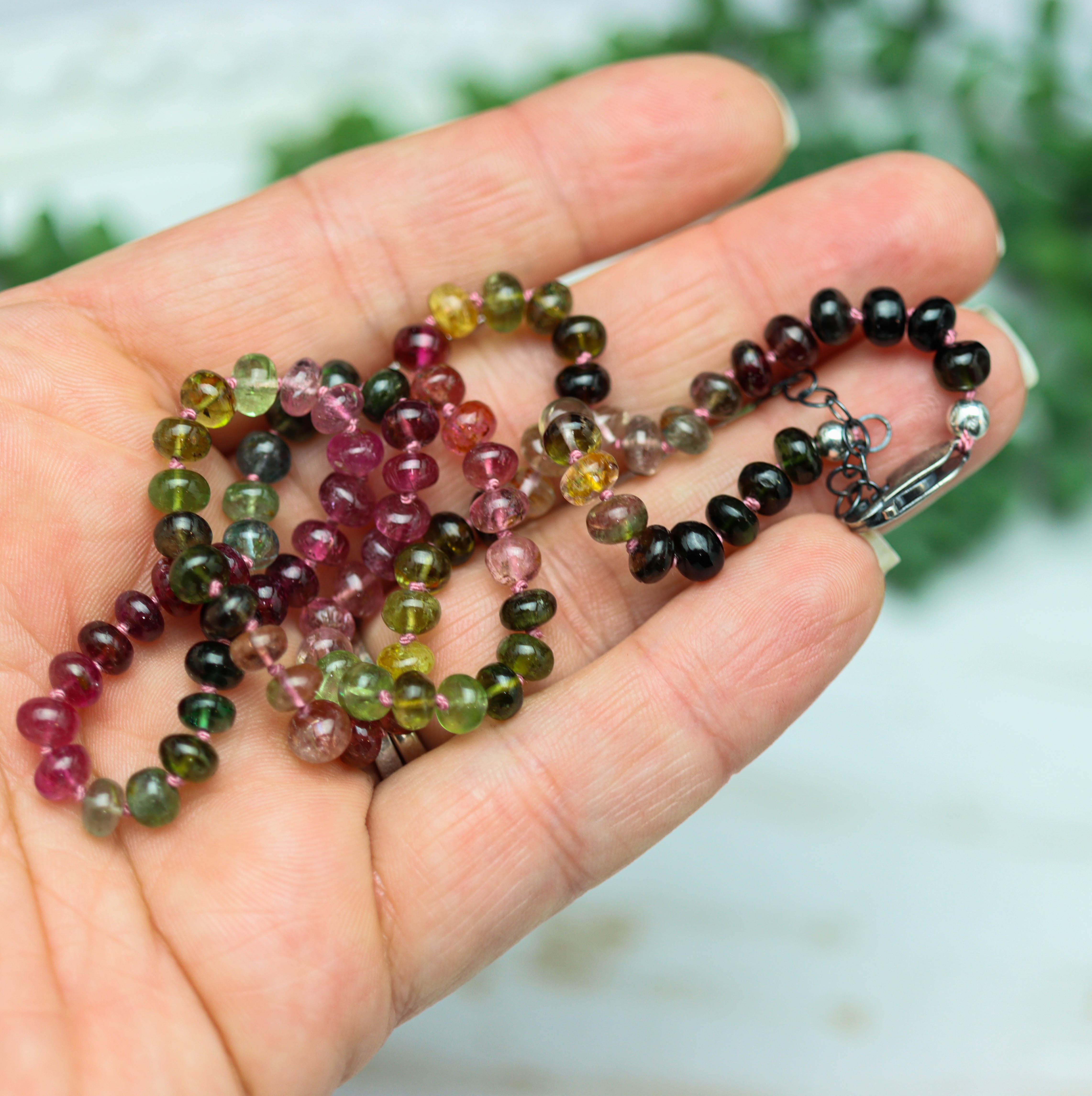 Multi-Colored Tourmaline Hand Knotted Bead Necklace Sterling Silver