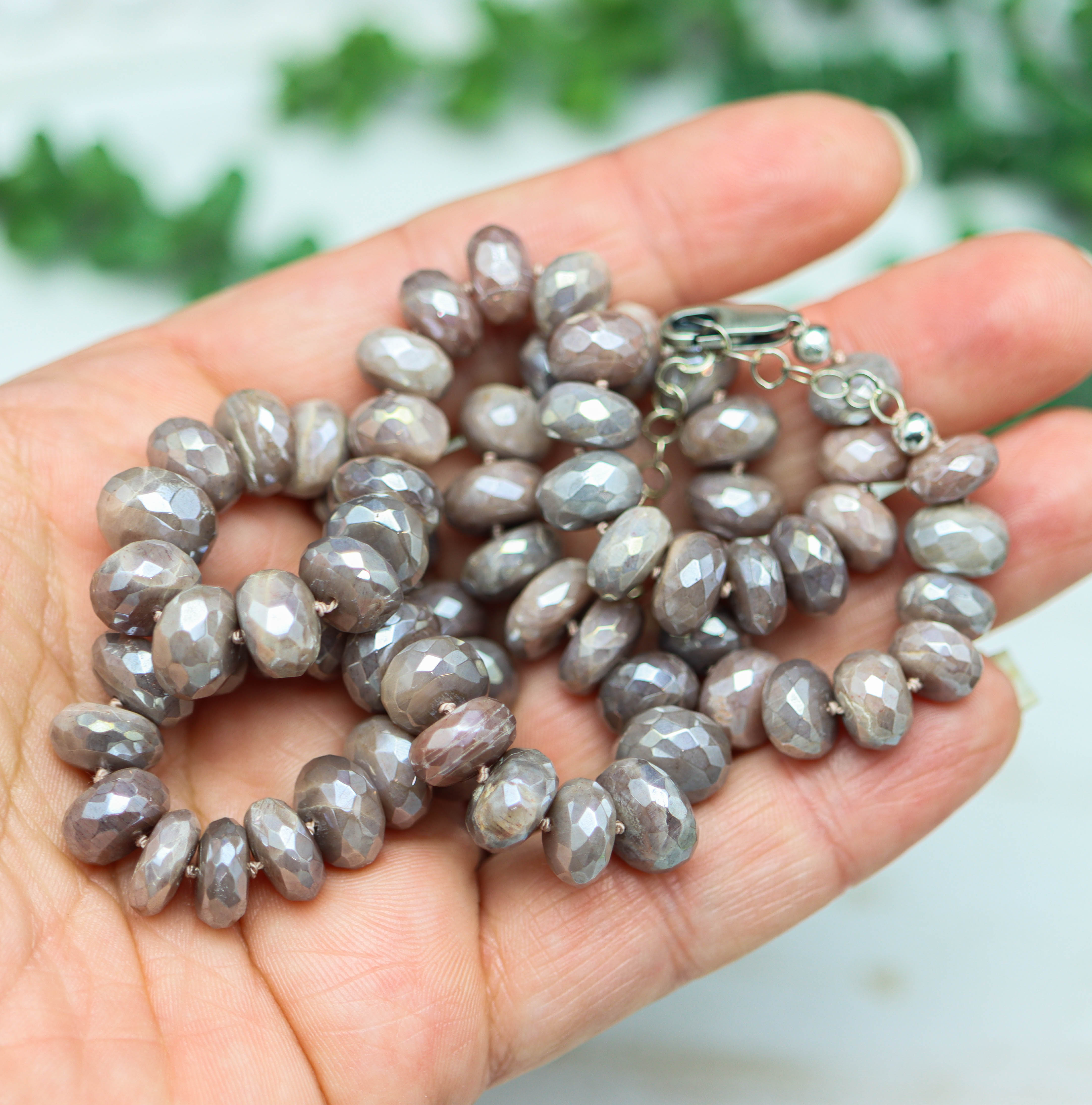 Peachy Pink Moonstone Hand Knotted Bead Necklace Sterling Silver