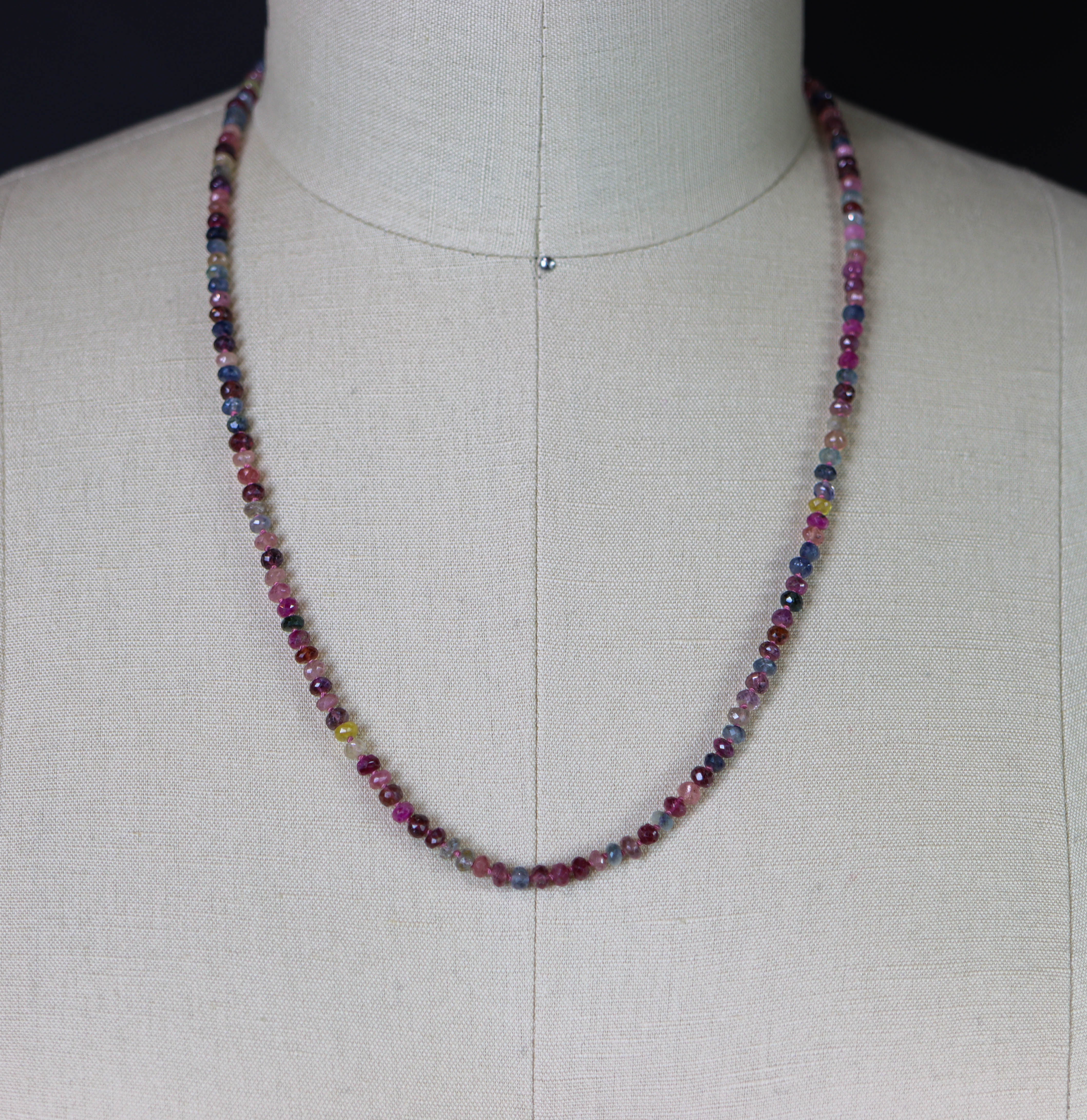 Multi Colored Sapphire Hand Knotted Bead Necklace Sterling Silver 24 inch