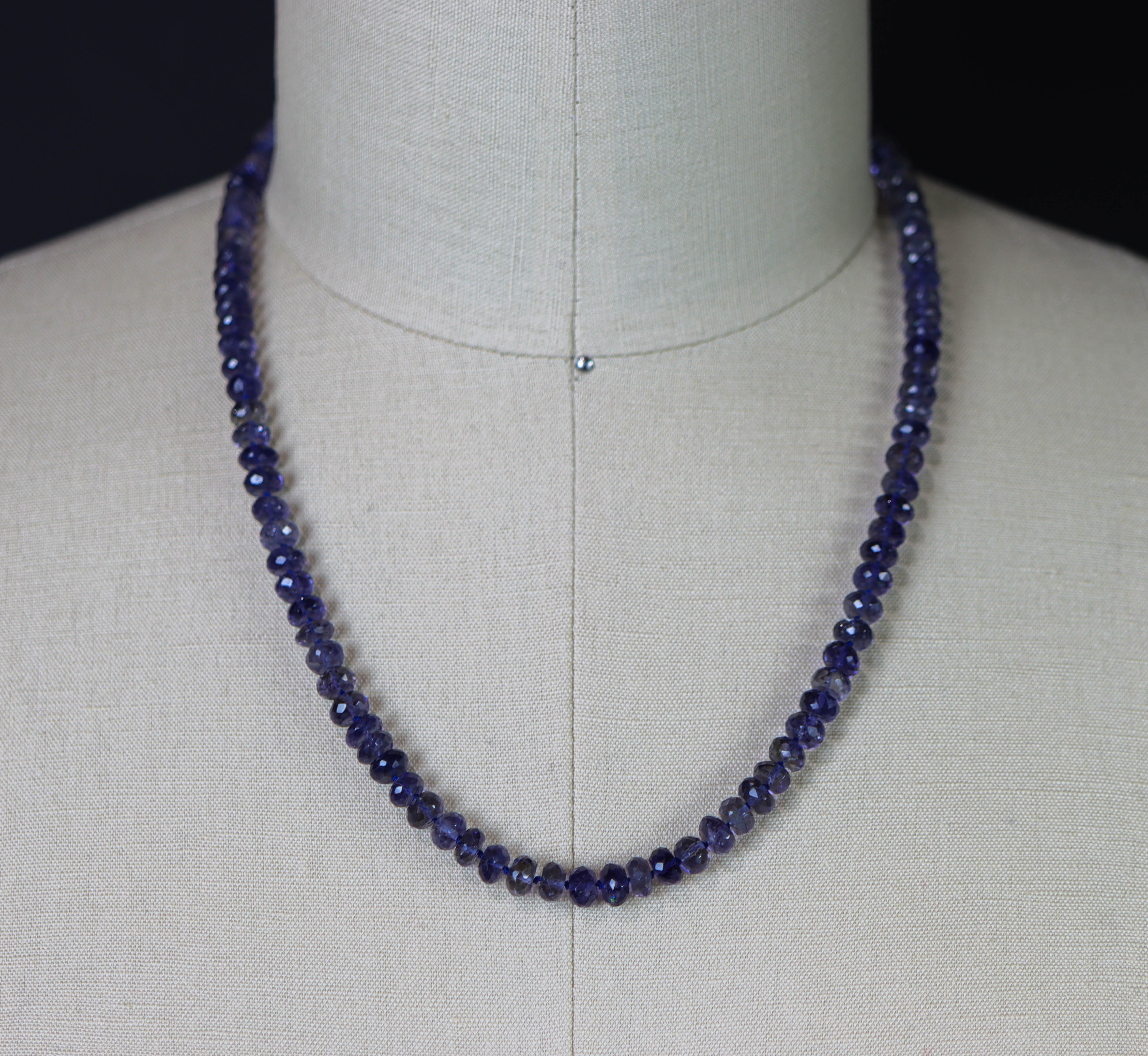 Blue Violet Iolite Hand Knotted Bead Necklace Sterling Silver