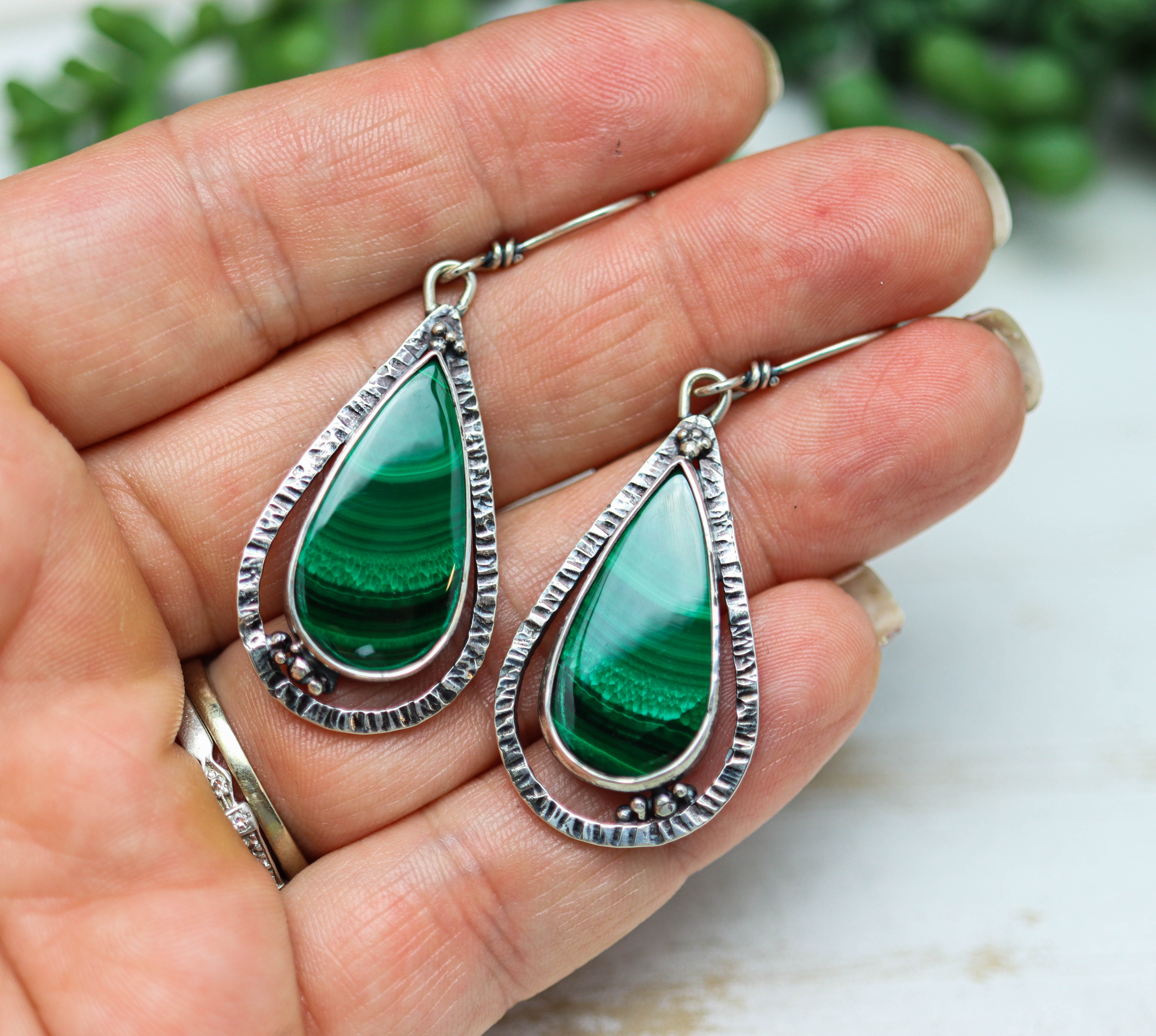 Malachite Dangle Earrings Sterling Silver