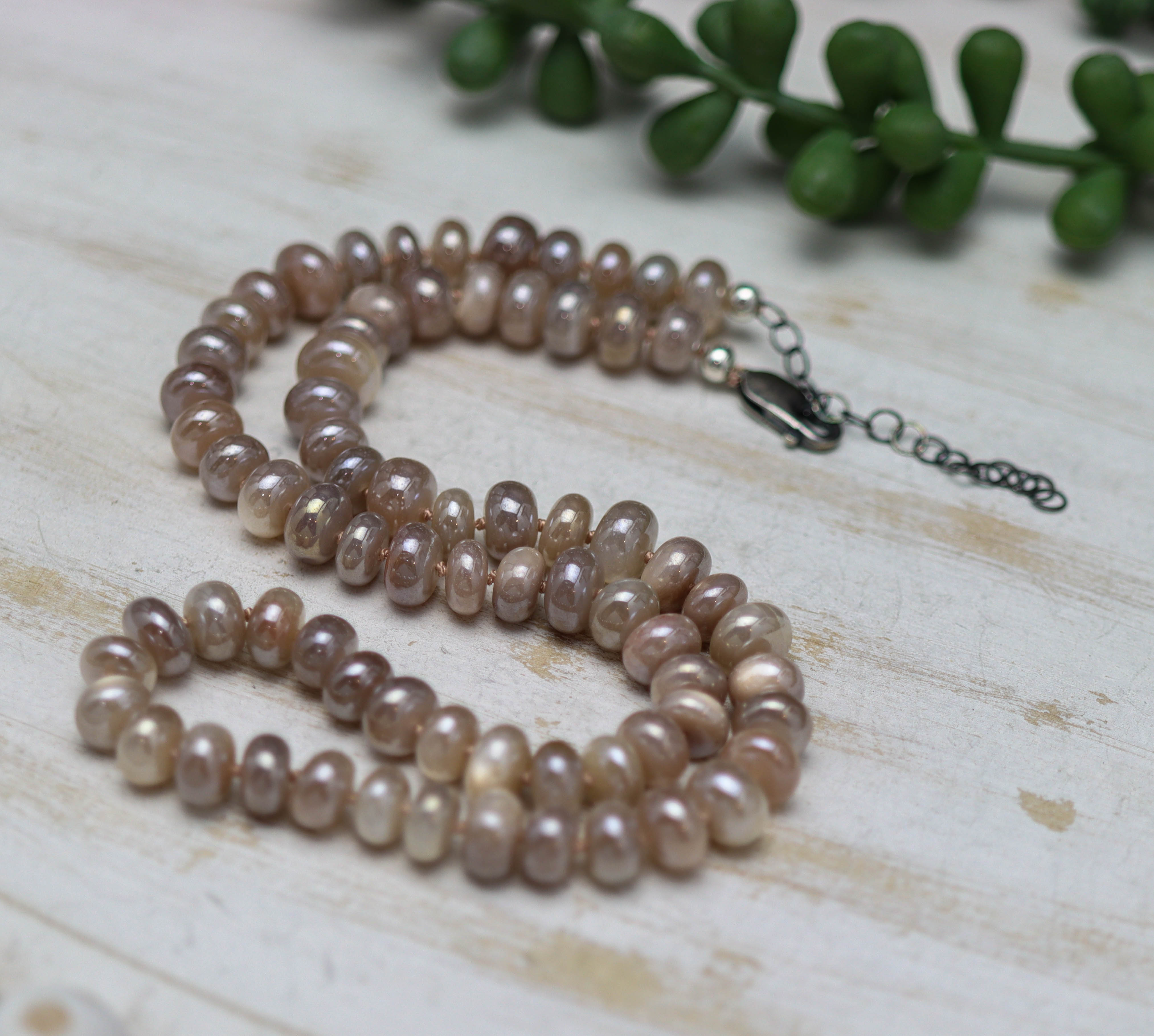 Peachy Pink Moonstone Hand Knotted Bead Necklace Sterling Silver