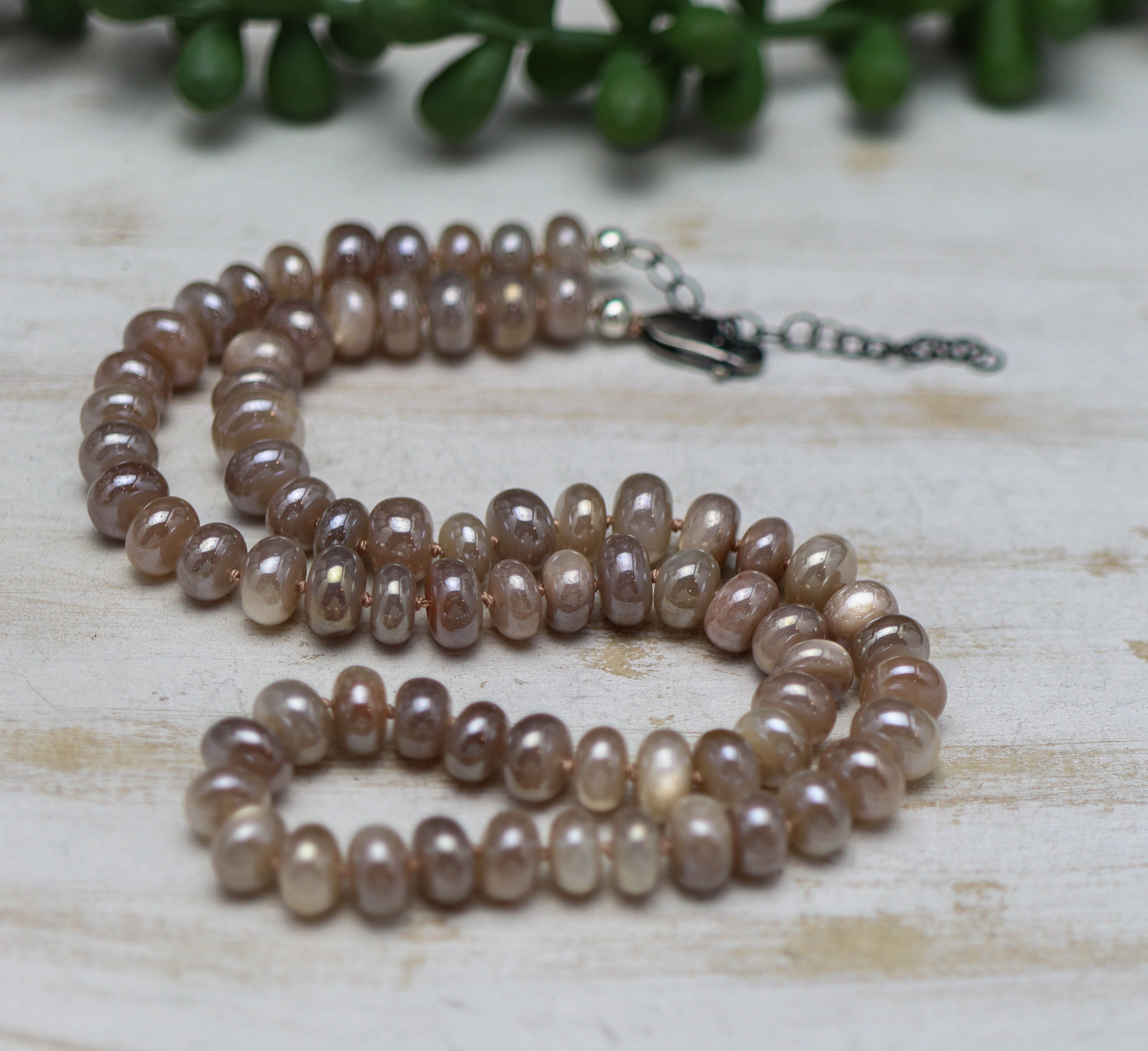 Peachy Pink Moonstone Hand Knotted Bead Necklace Sterling Silver