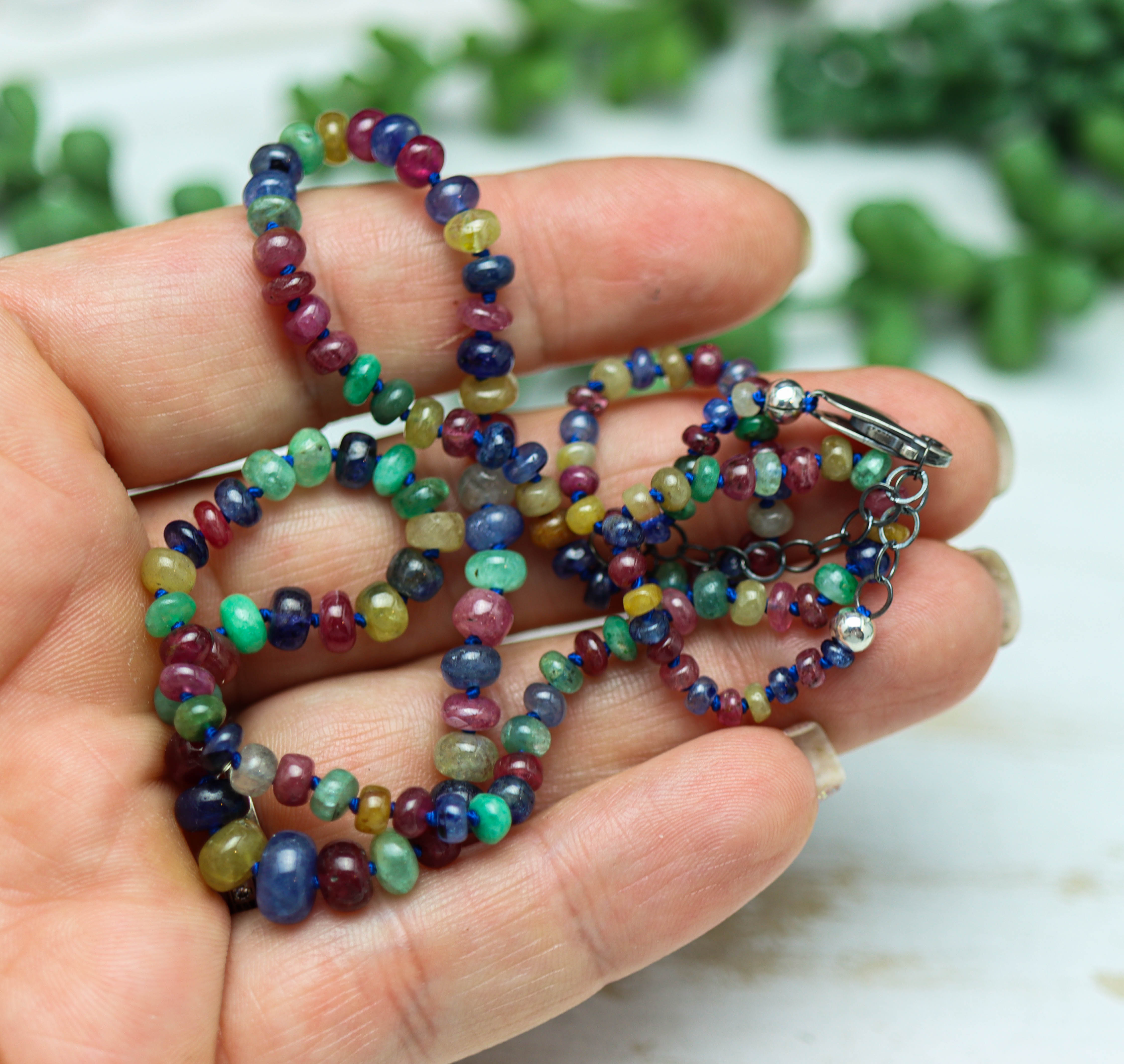 Multi Colored Sapphire Hand Knotted Bead Necklace Sterling Silver