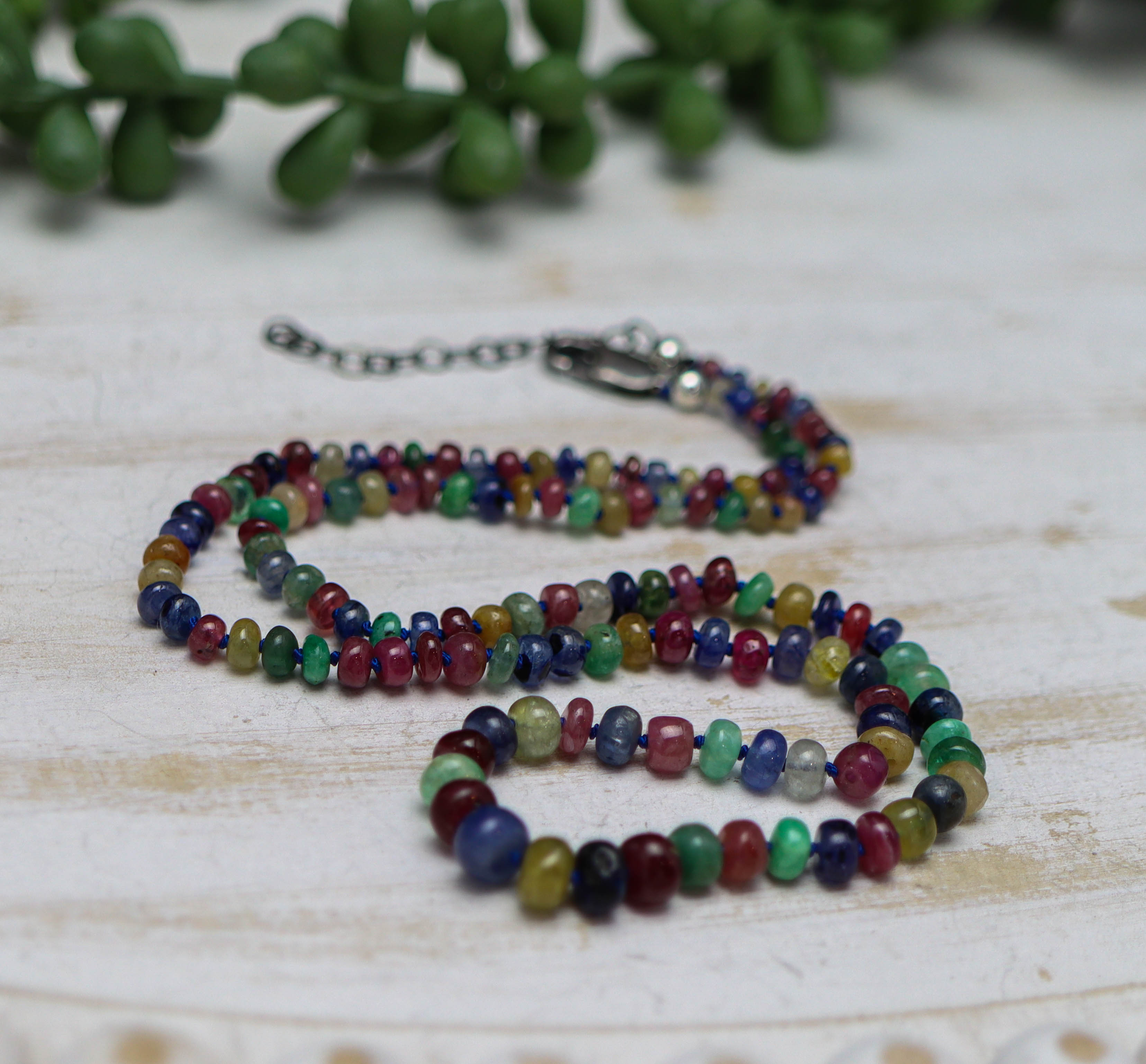 Multi Colored Sapphire Hand Knotted Bead Necklace Sterling Silver