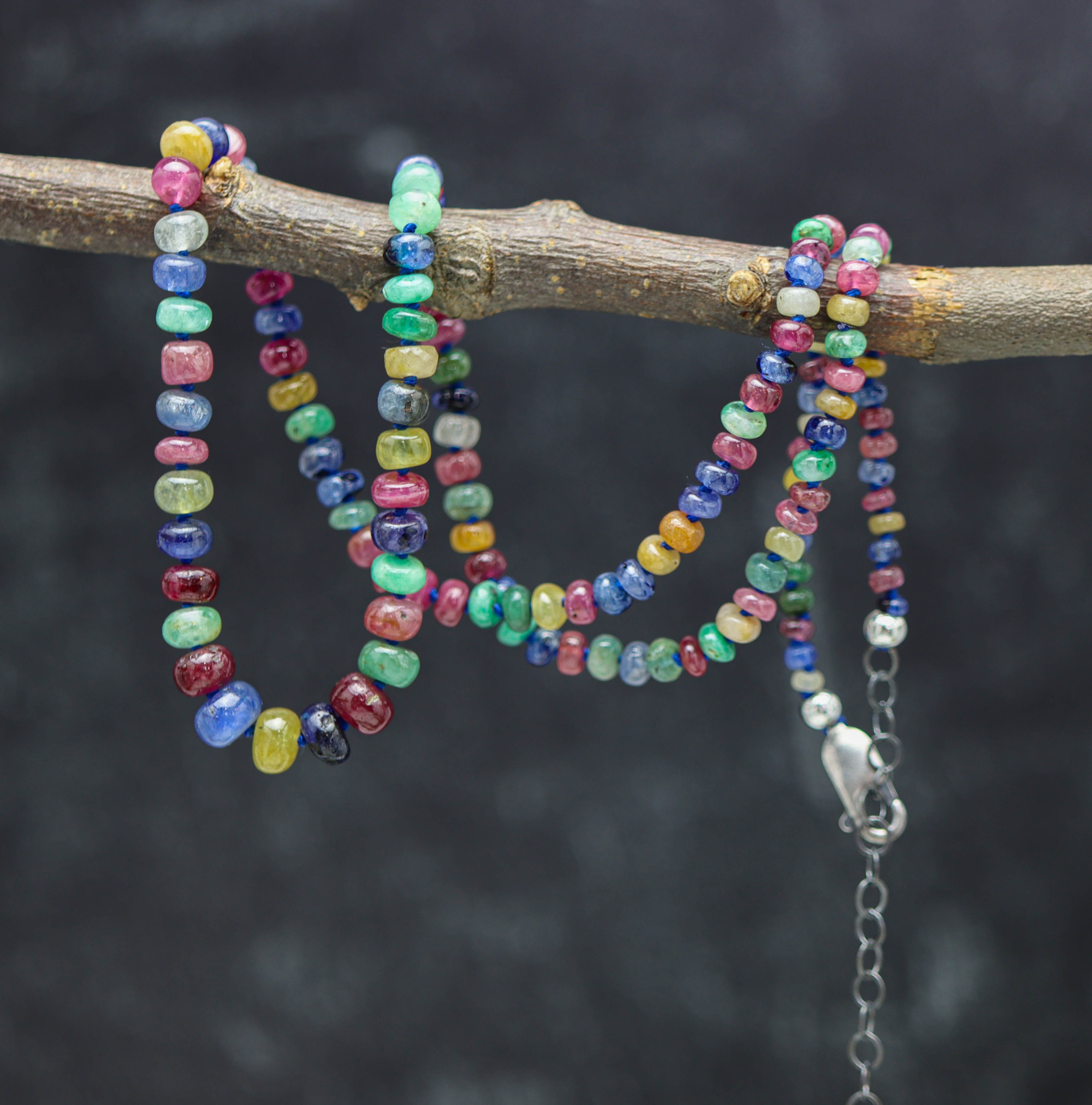Multi Colored Sapphire Hand Knotted Bead Necklace Sterling Silver