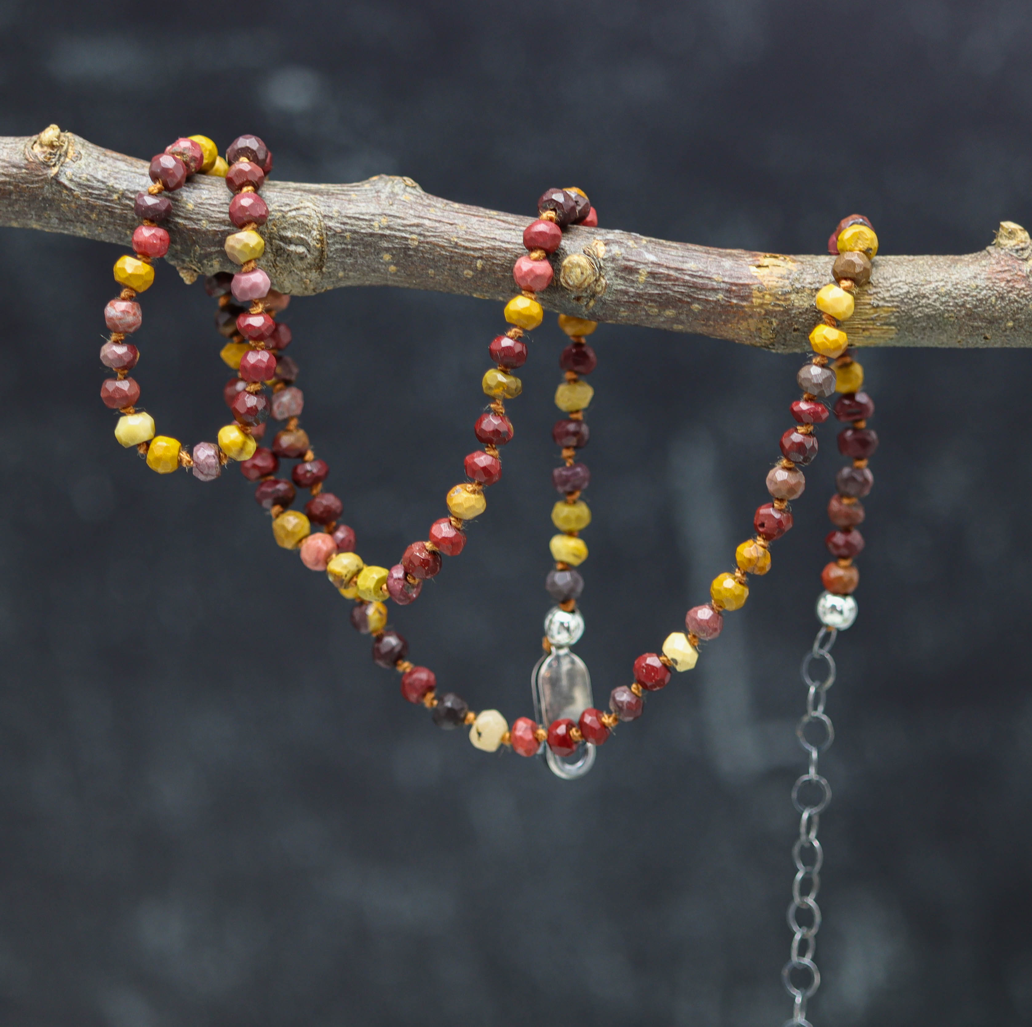 Mookaite Hand Knotted Bead Necklace Sterling Silver