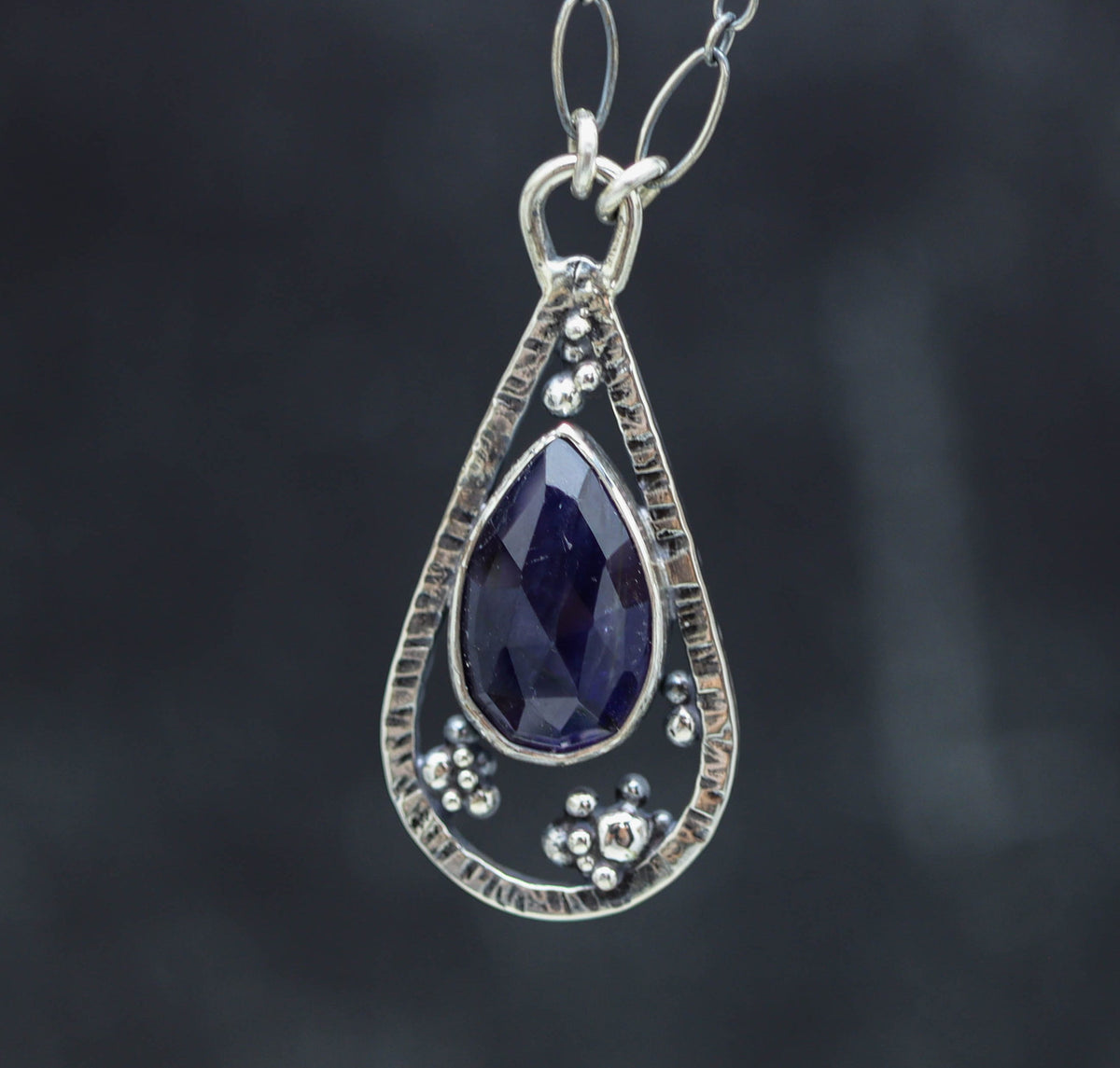 Silver necklace with a teardrop-shaped pendant featuring a blue gemstone, hanging from a branch against a dark background.