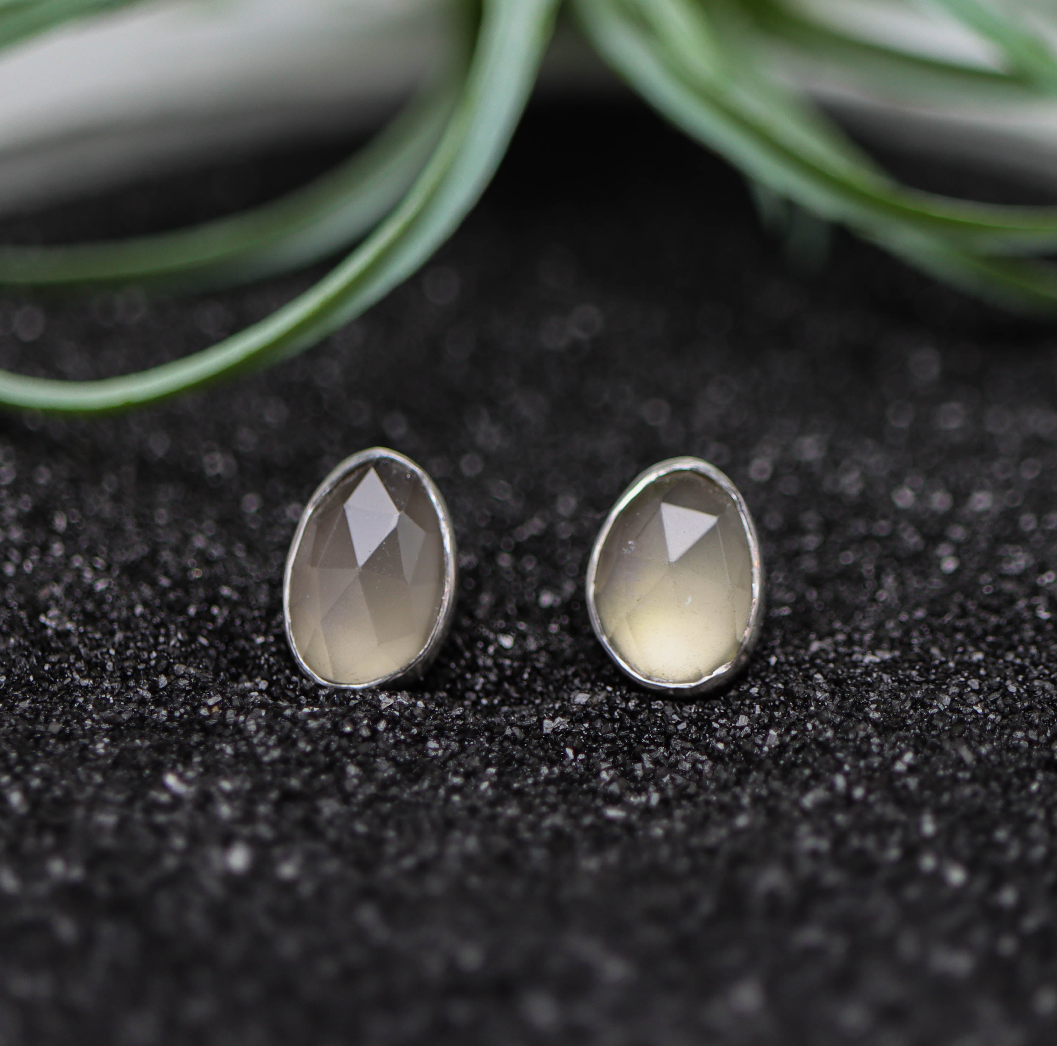 Grey Moonstone Stud Earrings Sterling Silver