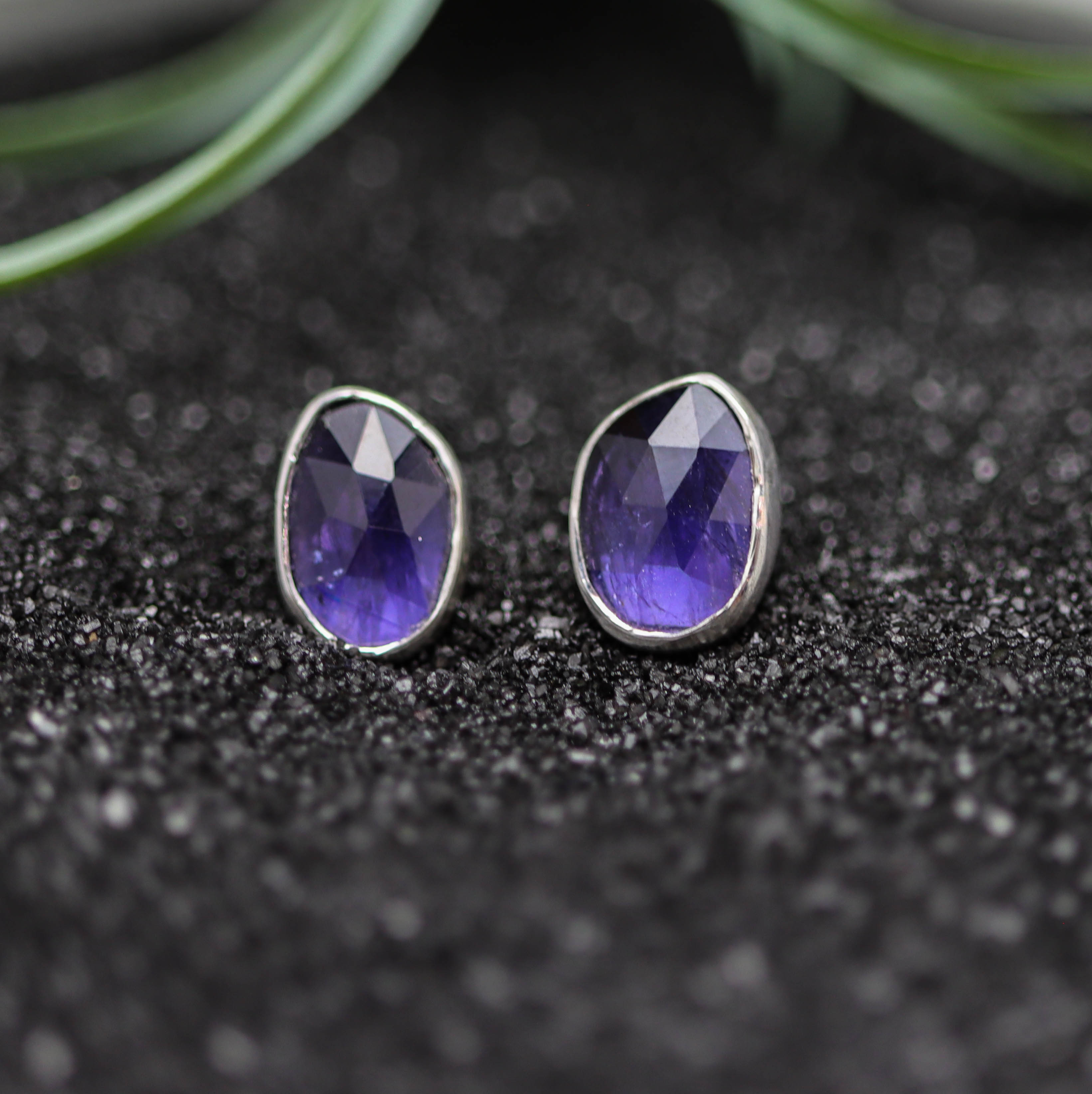 Blue Violet Iolite Stud Earrings Sterling Silver