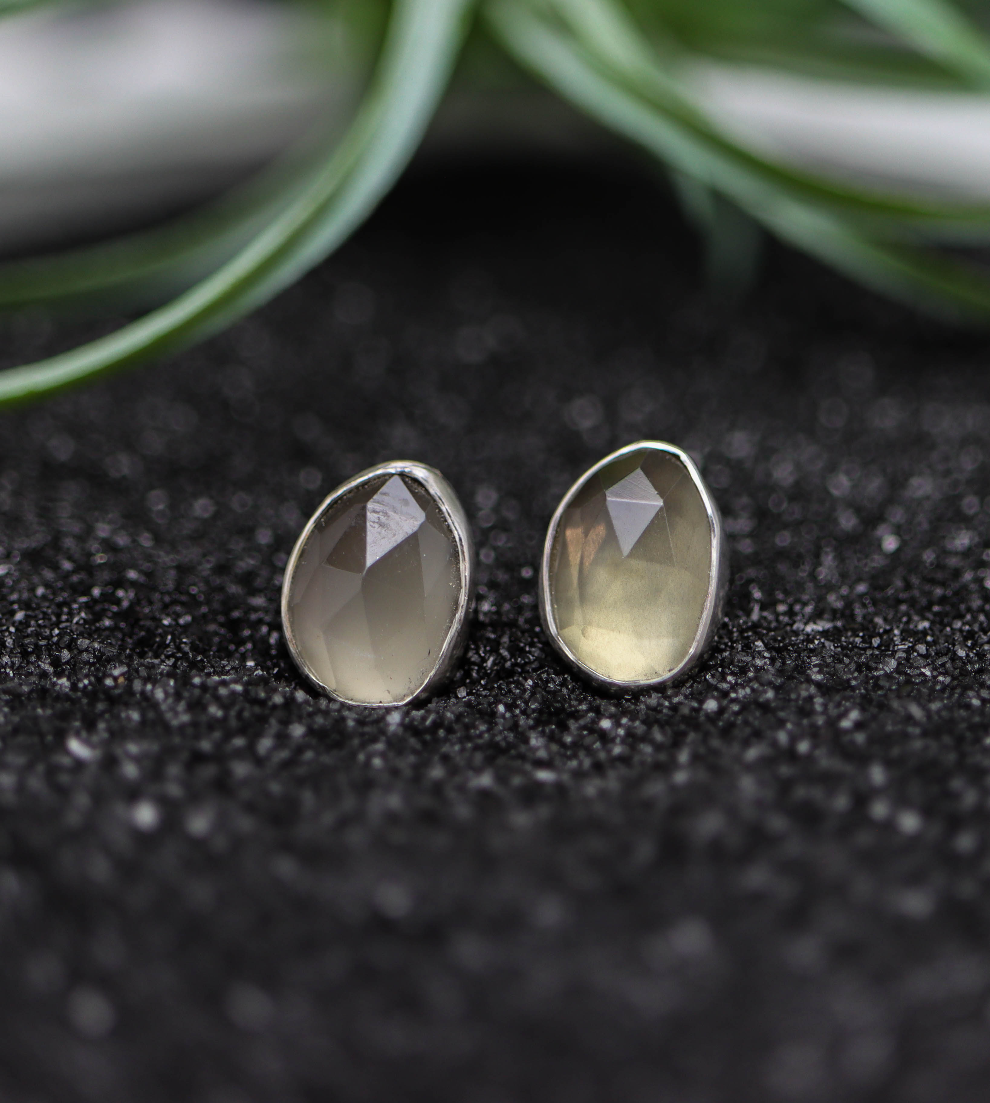 Grey Moonstone Stud Earrings Sterling Silver