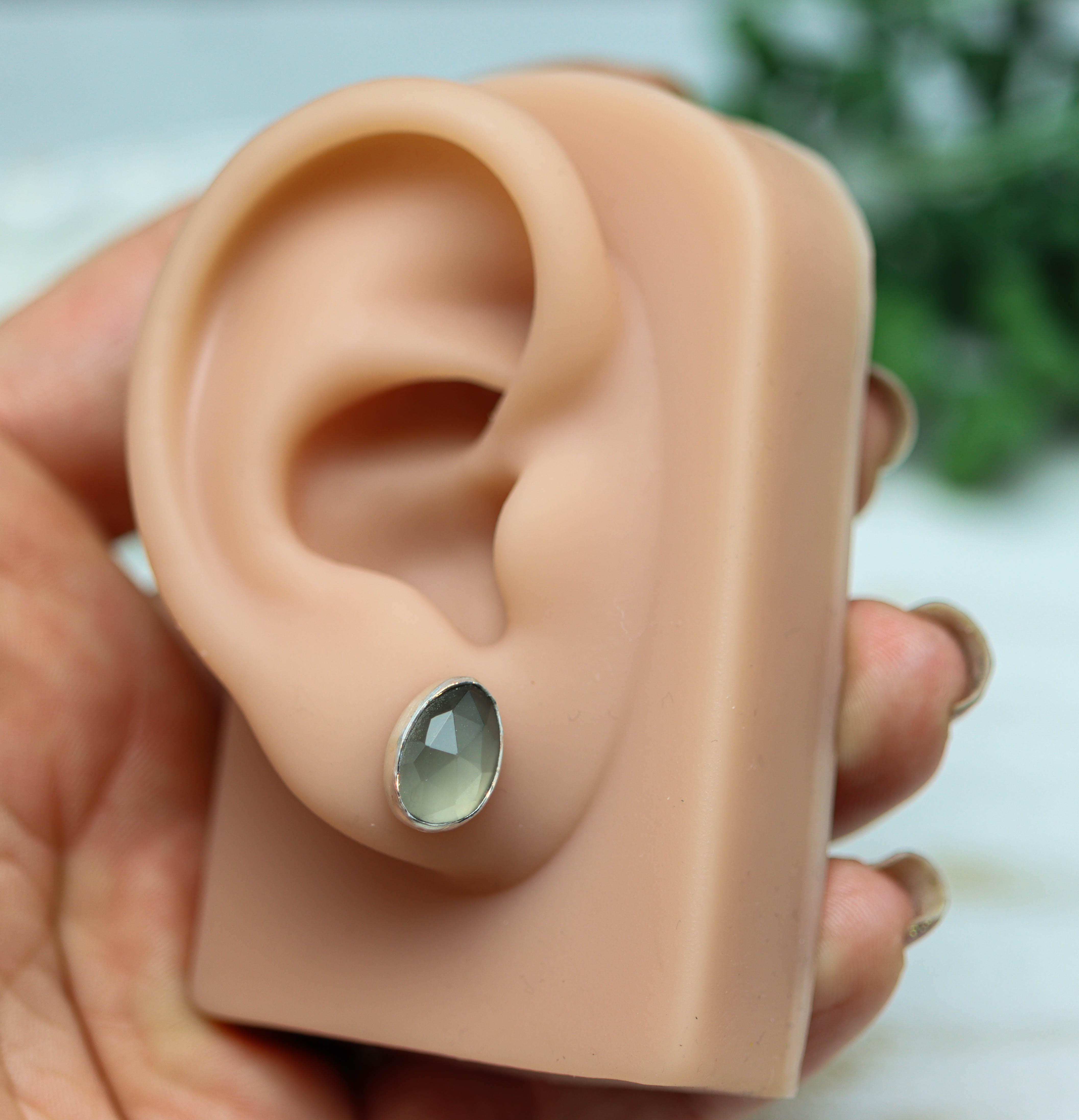Grey Moonstone Stud Earrings Sterling Silver