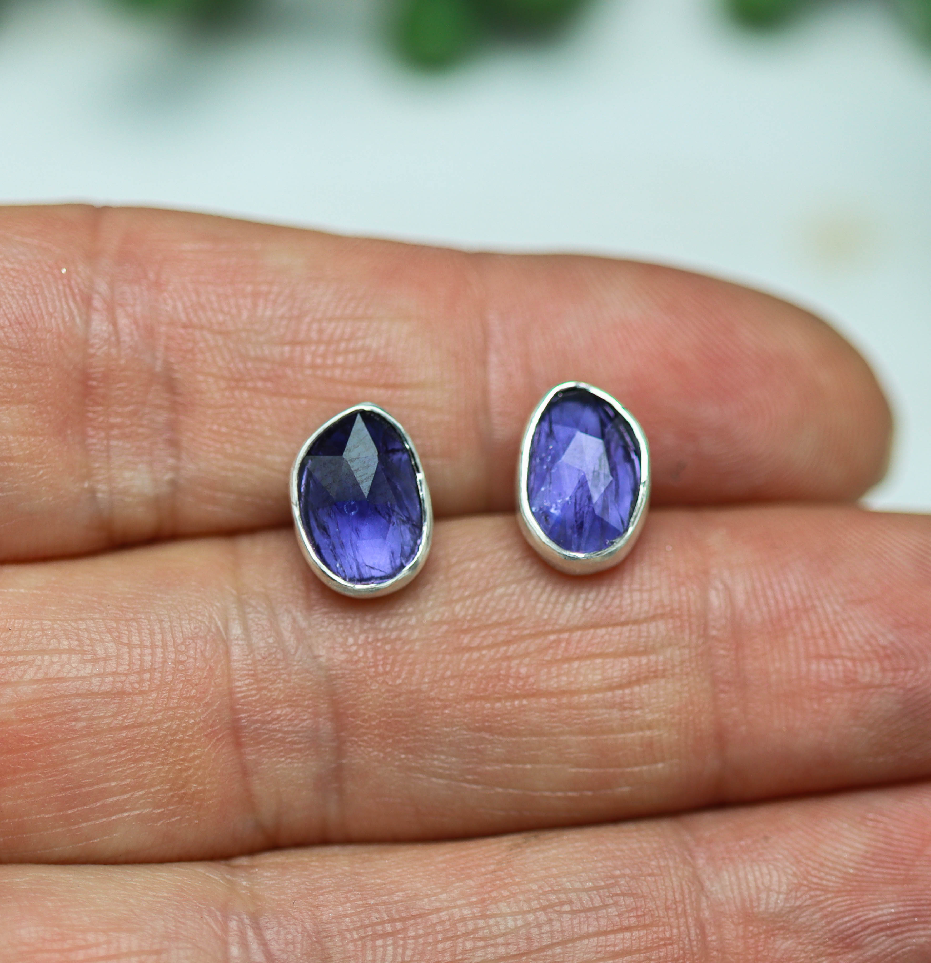 Blue Violet Iolite Stud Earrings Sterling Silver
