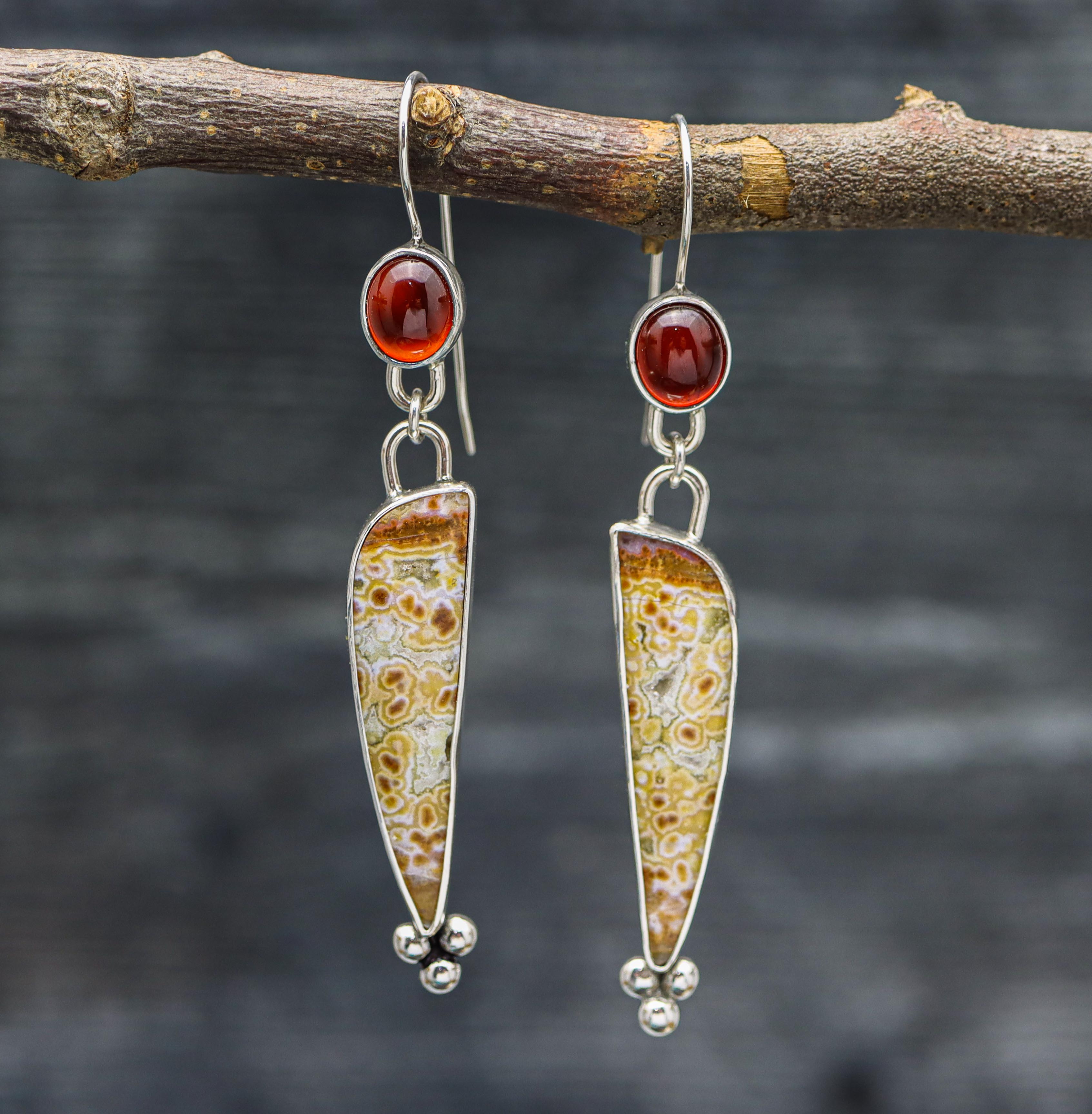 Orbicular Jasper and Hessonite Garnet Dangle Earrings Sterling Silver