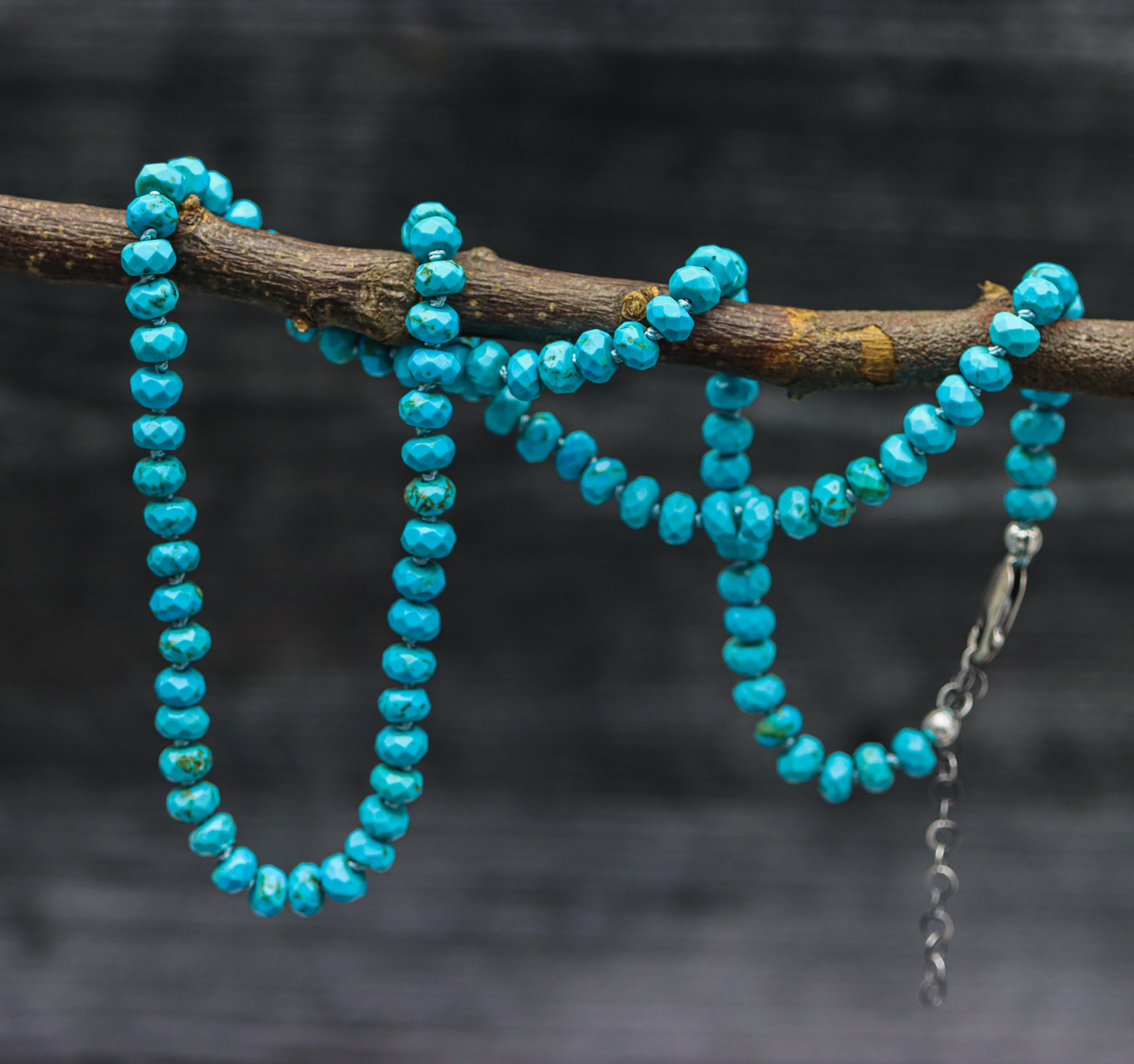 Faceted Turquoise Hand Knotted Bead Necklace Sterling Silver