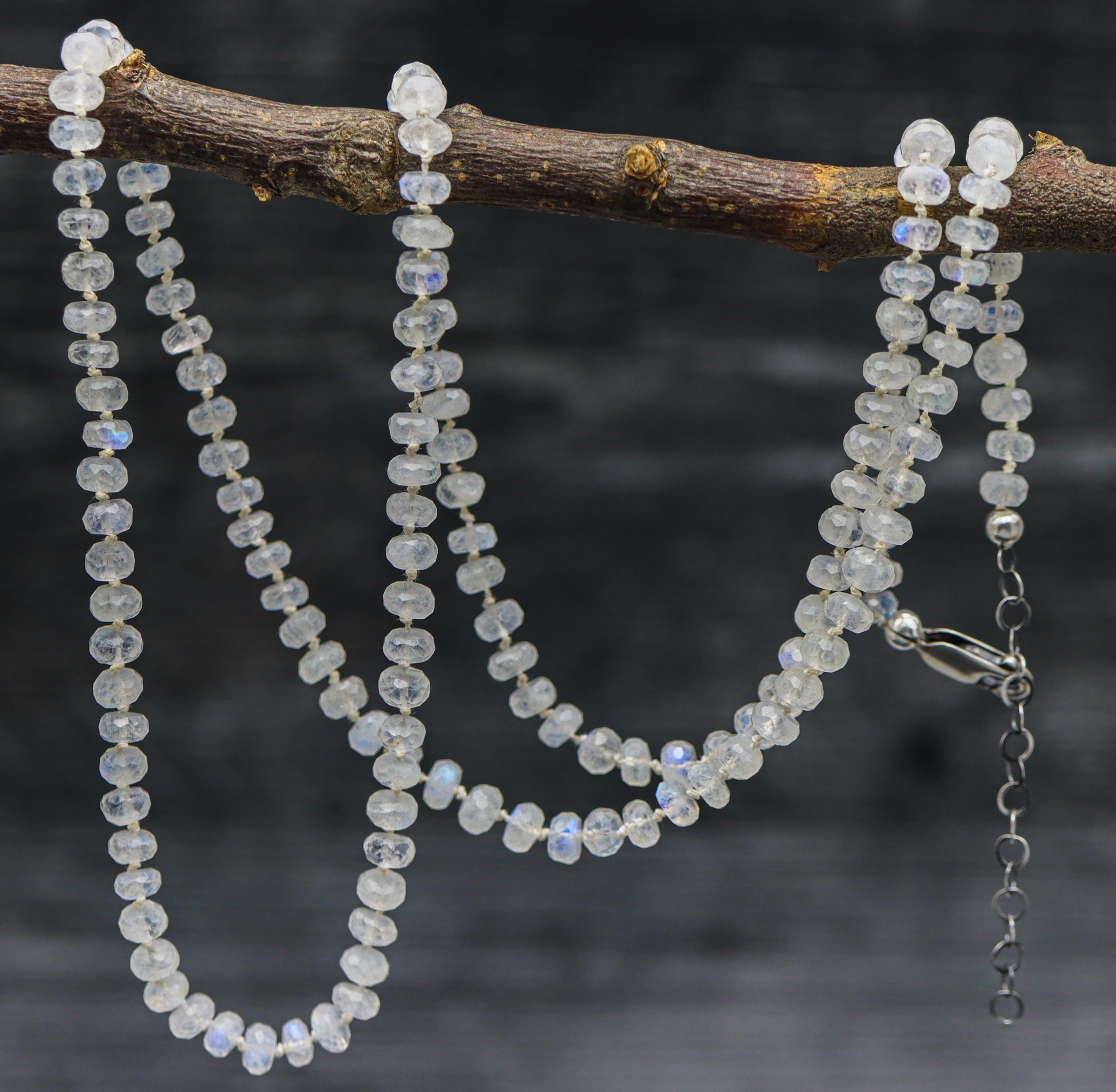 A hand knotted necklace made of rainbow moonstone beads, strung on silk thread, displayed on a branch, with a lobster claw metal closure.