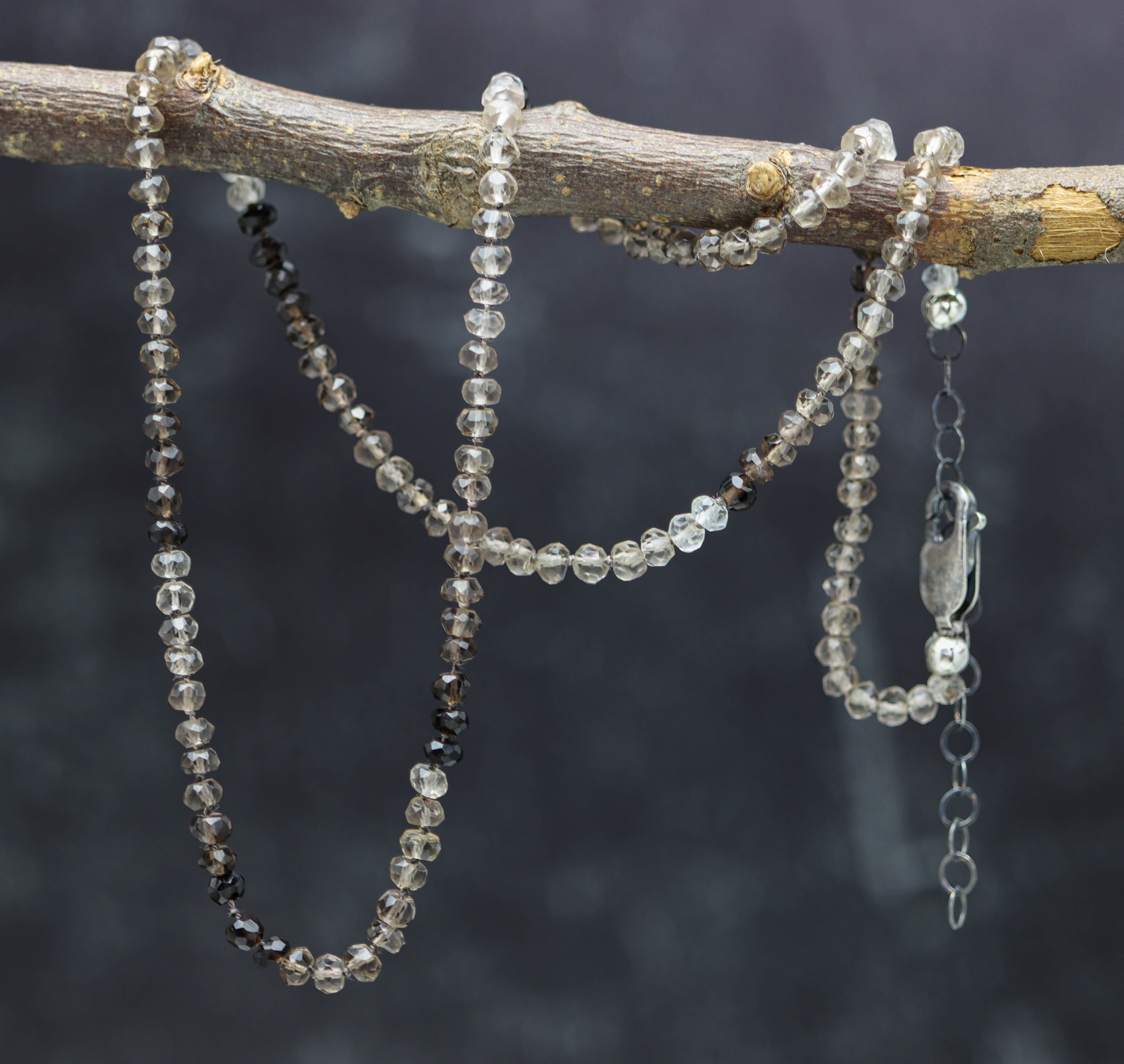 Smoky Quartz Hand Knotted Bead Necklace Sterling Silver