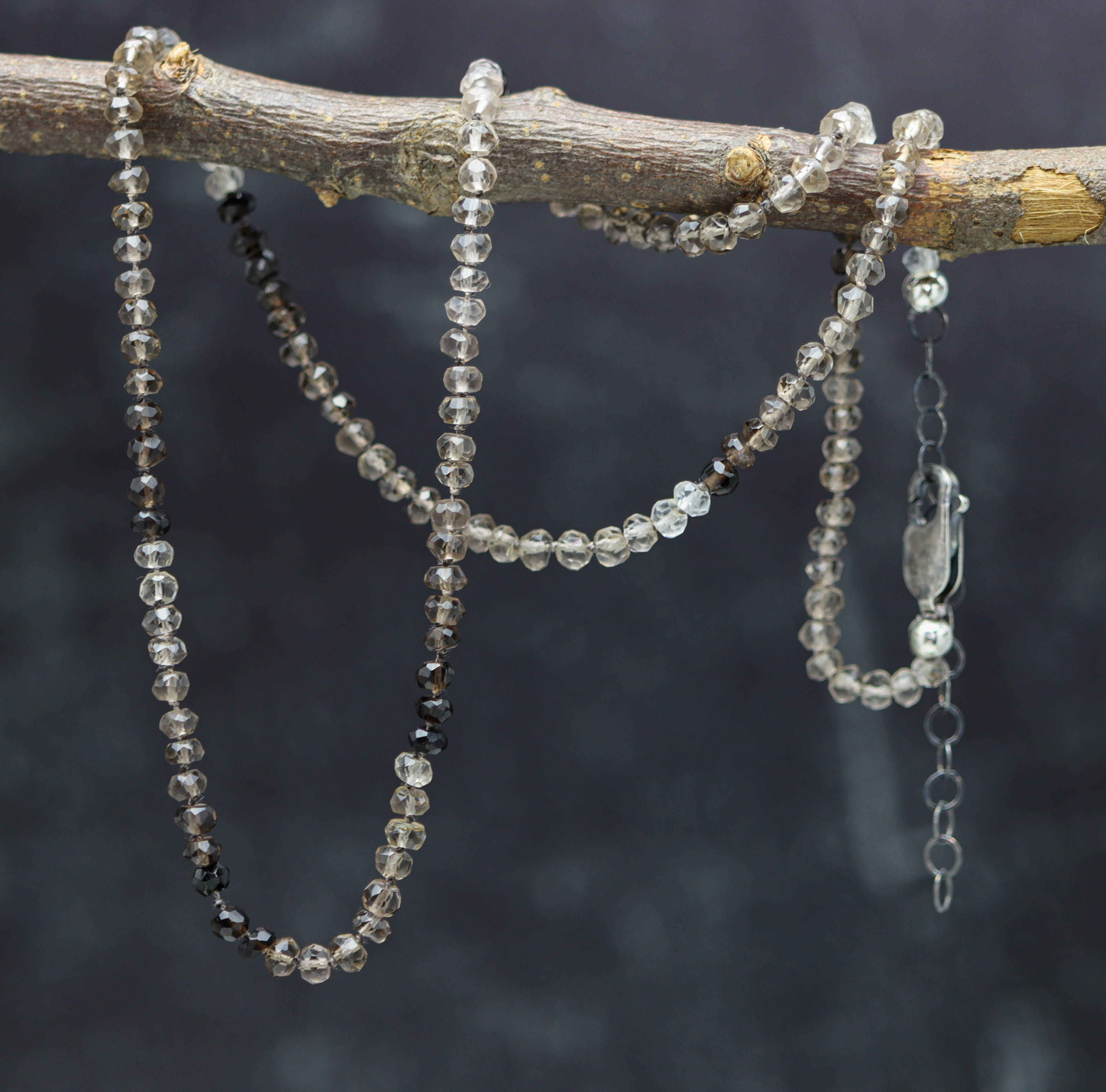 Smoky Quartz Hand Knotted Bead Necklace Sterling Silver
