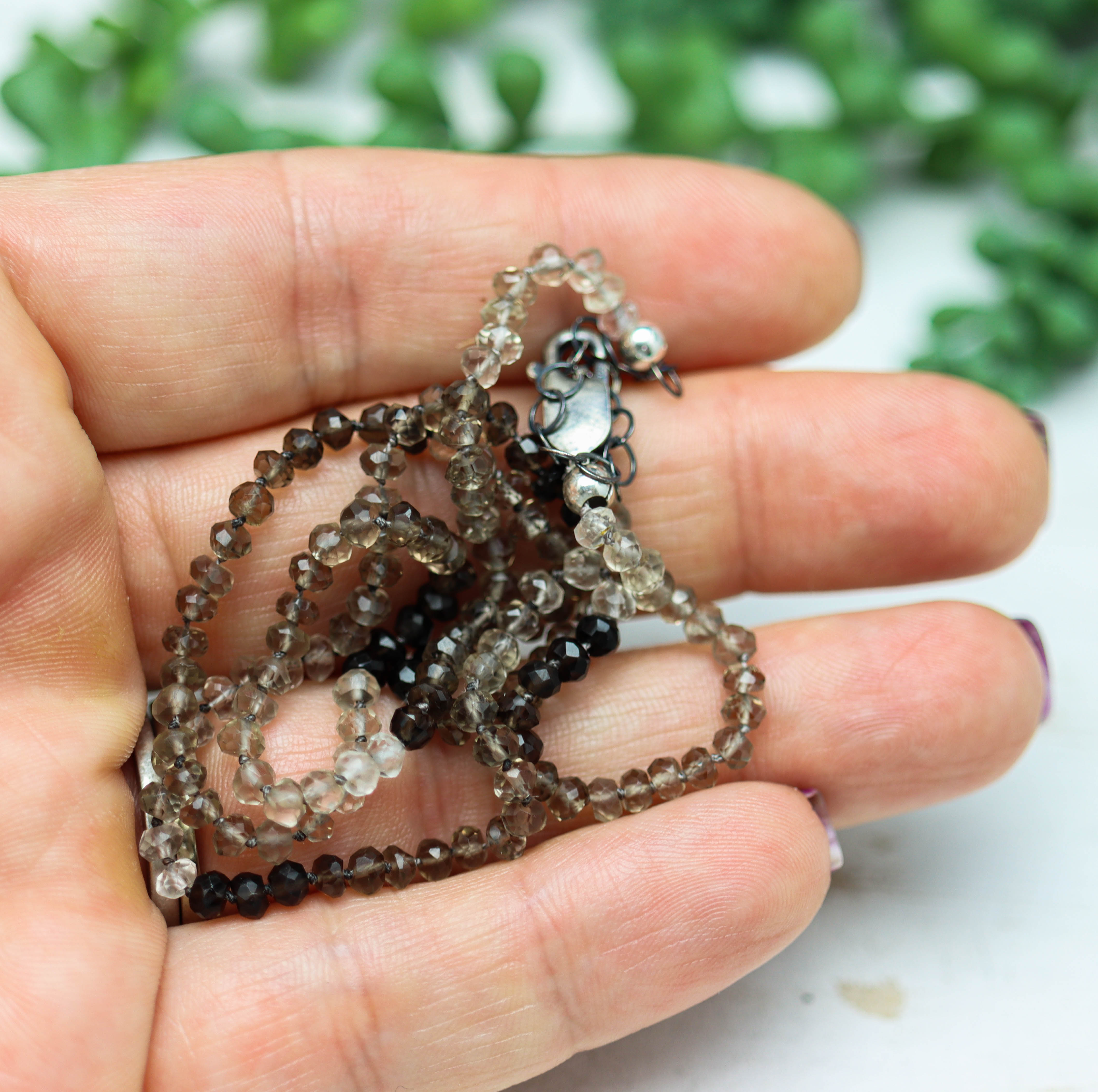 Smoky Quartz Hand Knotted Bead Necklace Sterling Silver