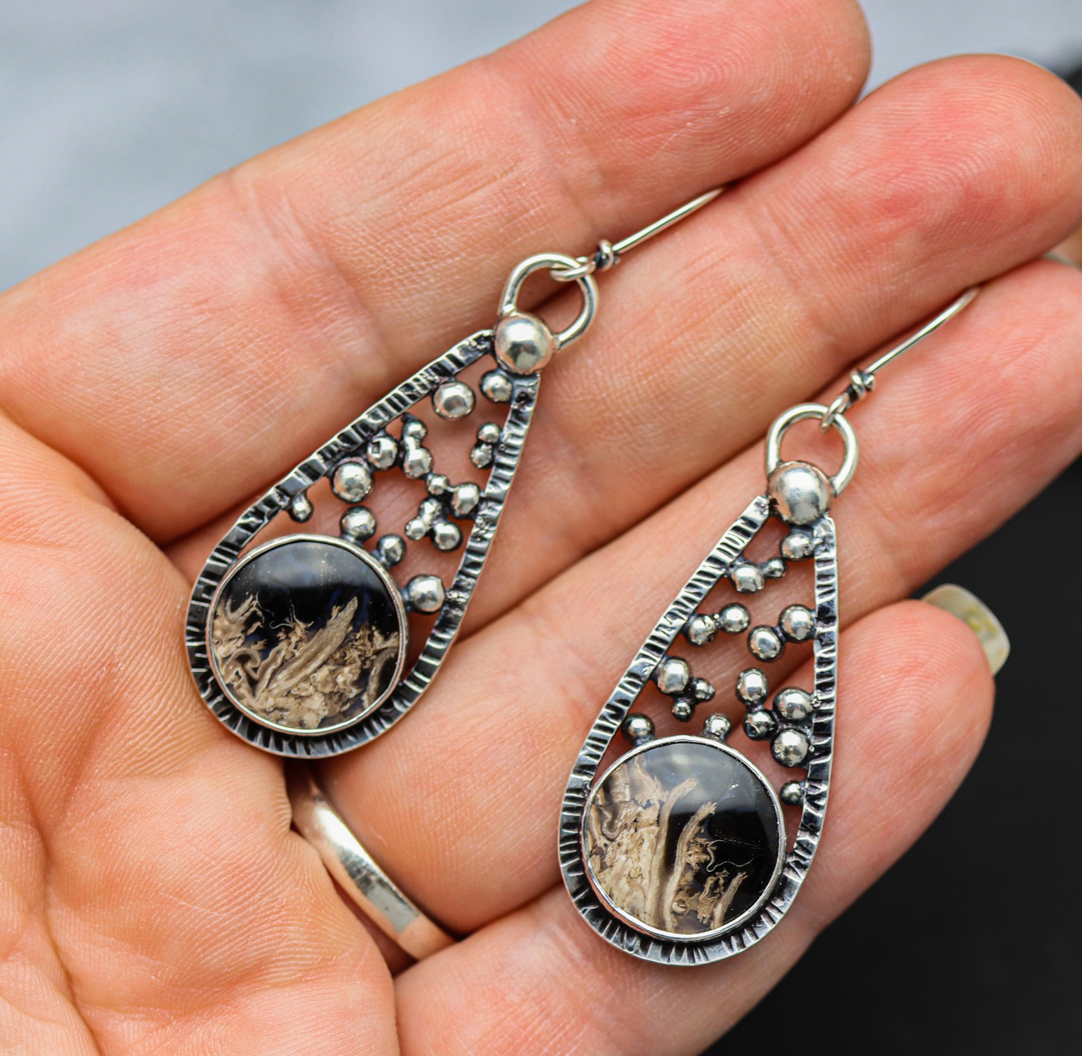 Fossil Palm Wood Dangle Earrings Sterling Silver