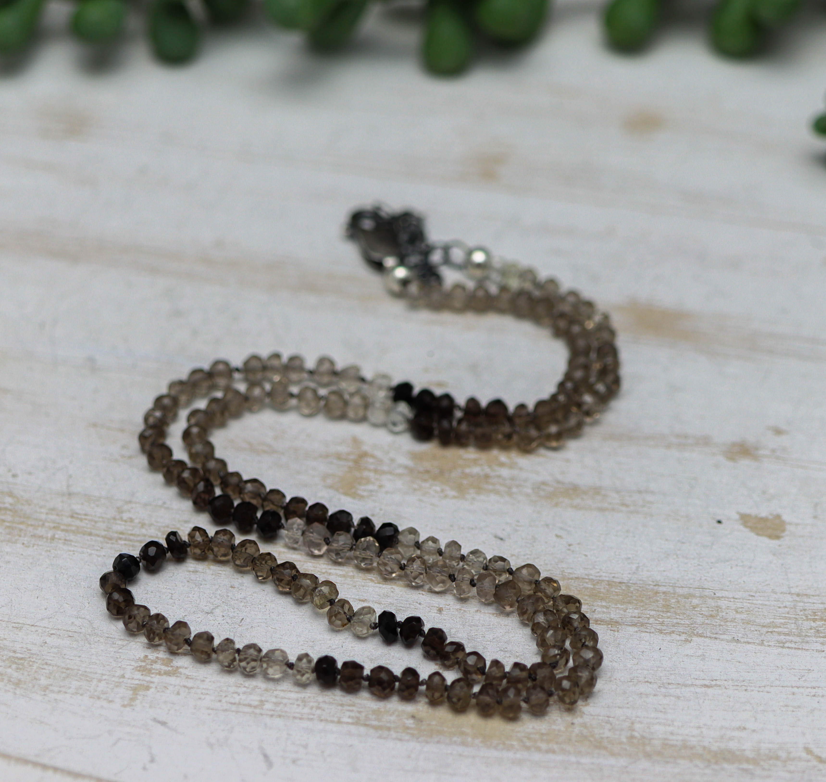 Smoky Quartz Hand Knotted Bead Necklace Sterling Silver