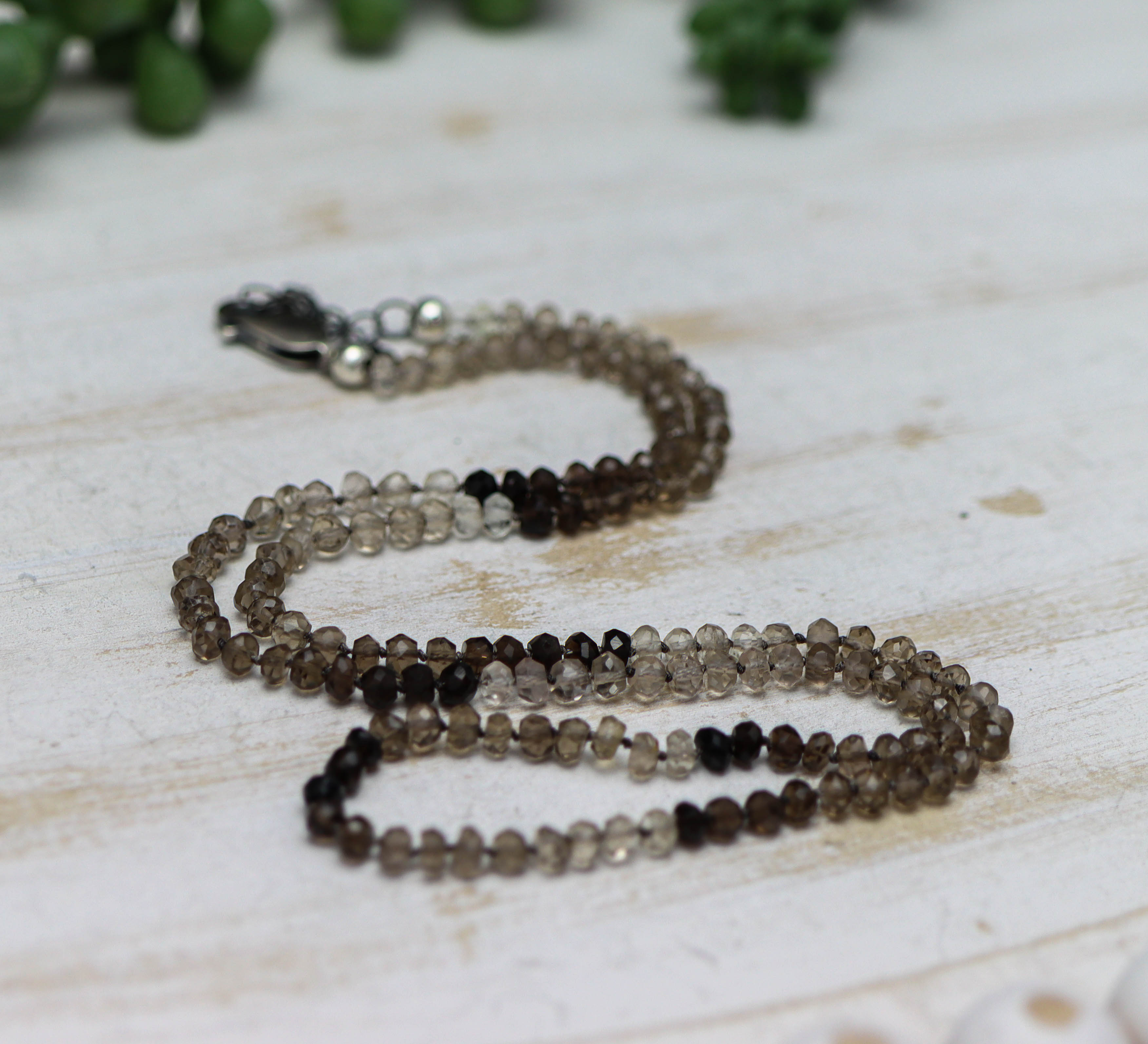 Smoky Quartz Hand Knotted Bead Necklace Sterling Silver