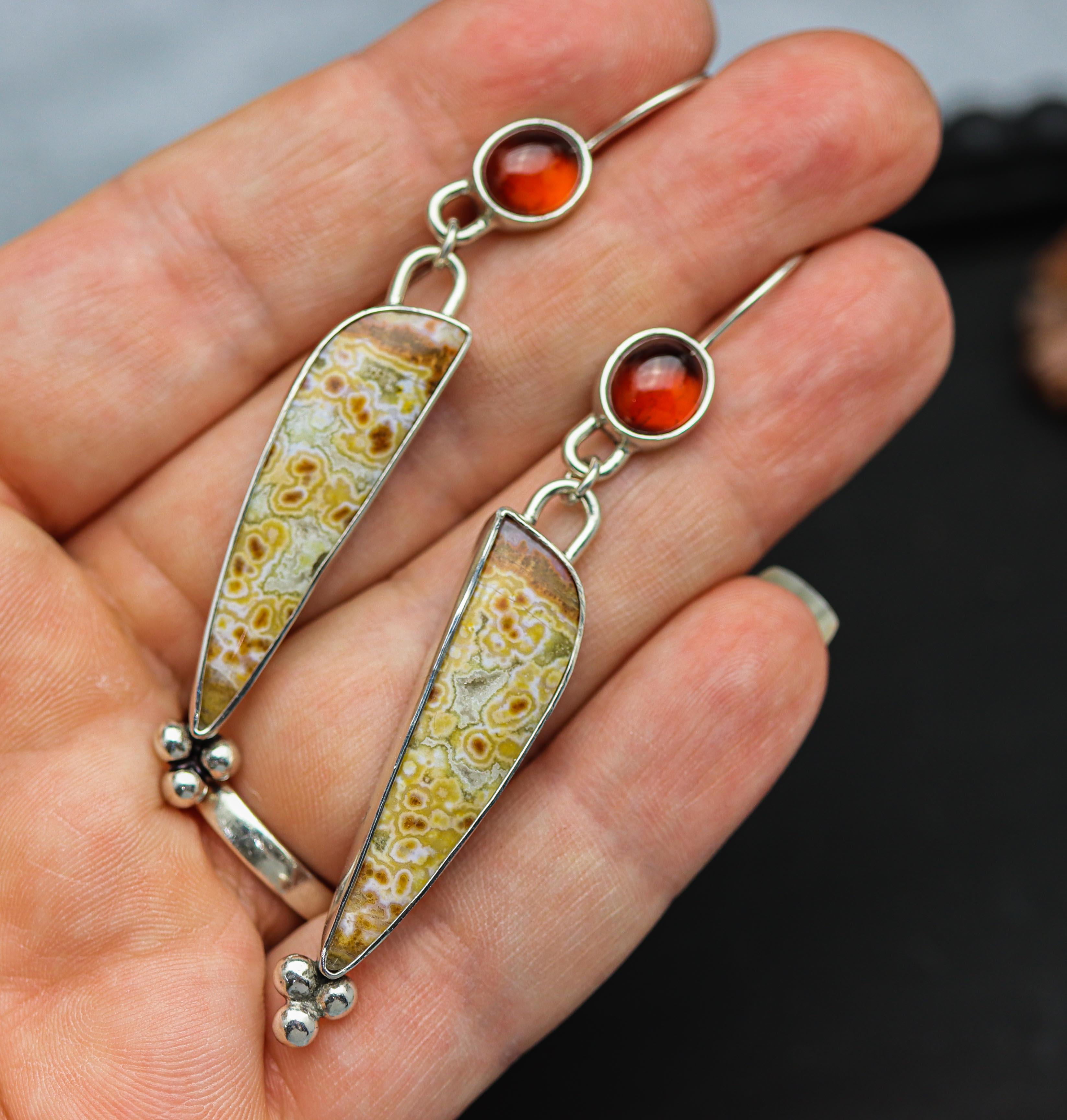 Orbicular Jasper and Hessonite Garnet Dangle Earrings Sterling Silver