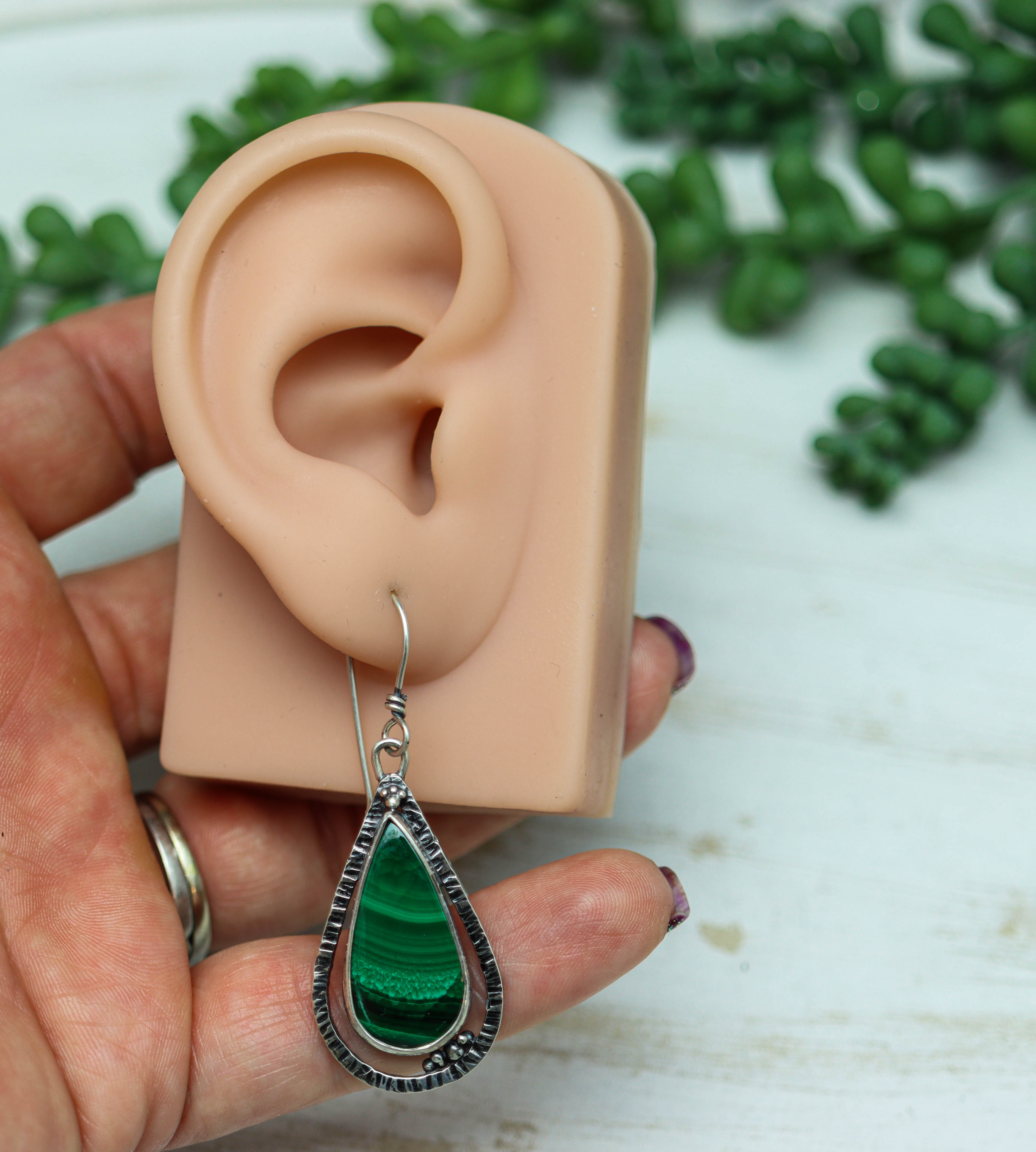 Malachite Dangle Earrings Sterling Silver