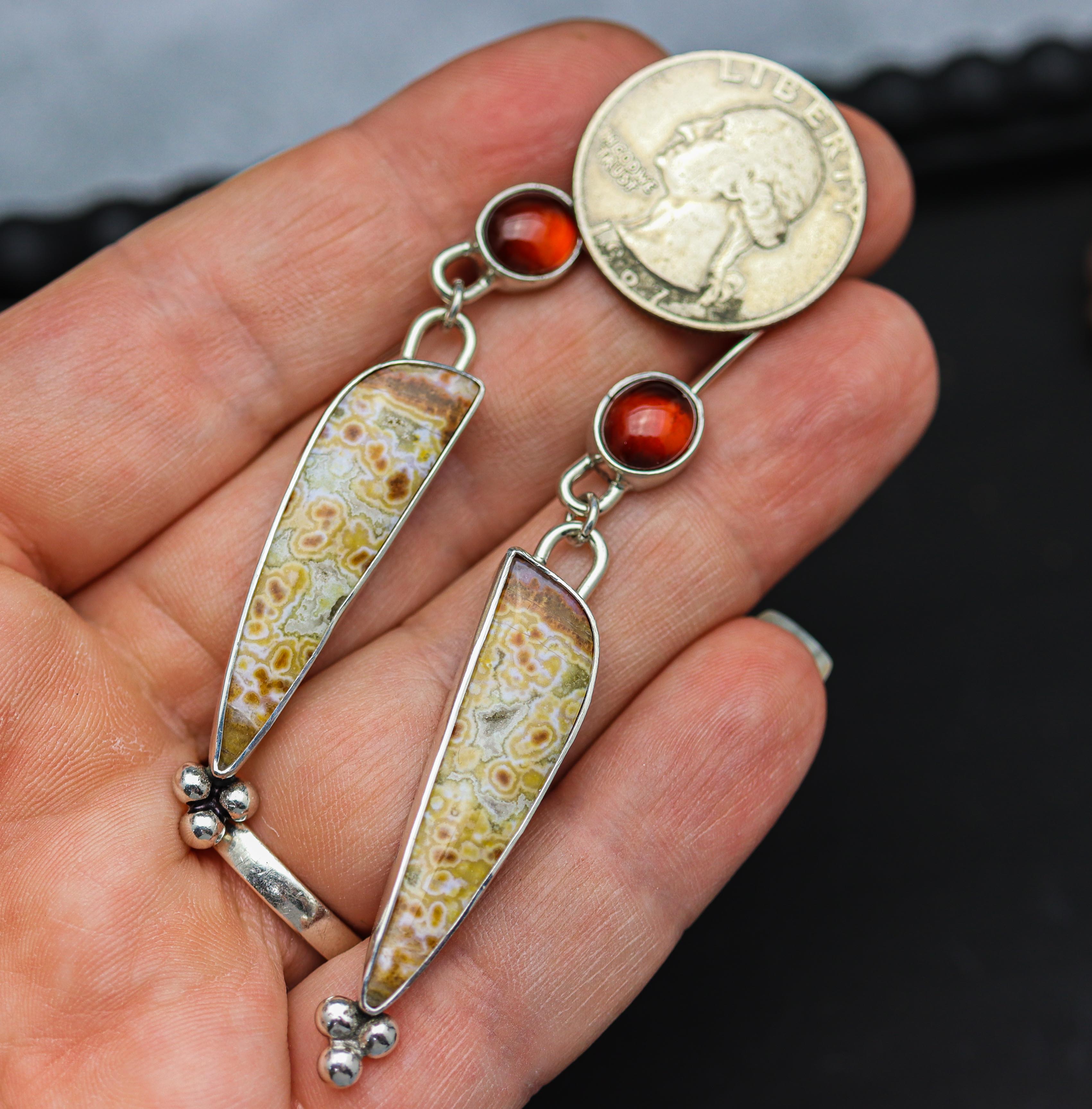 Orbicular Jasper and Hessonite Garnet Dangle Earrings Sterling Silver