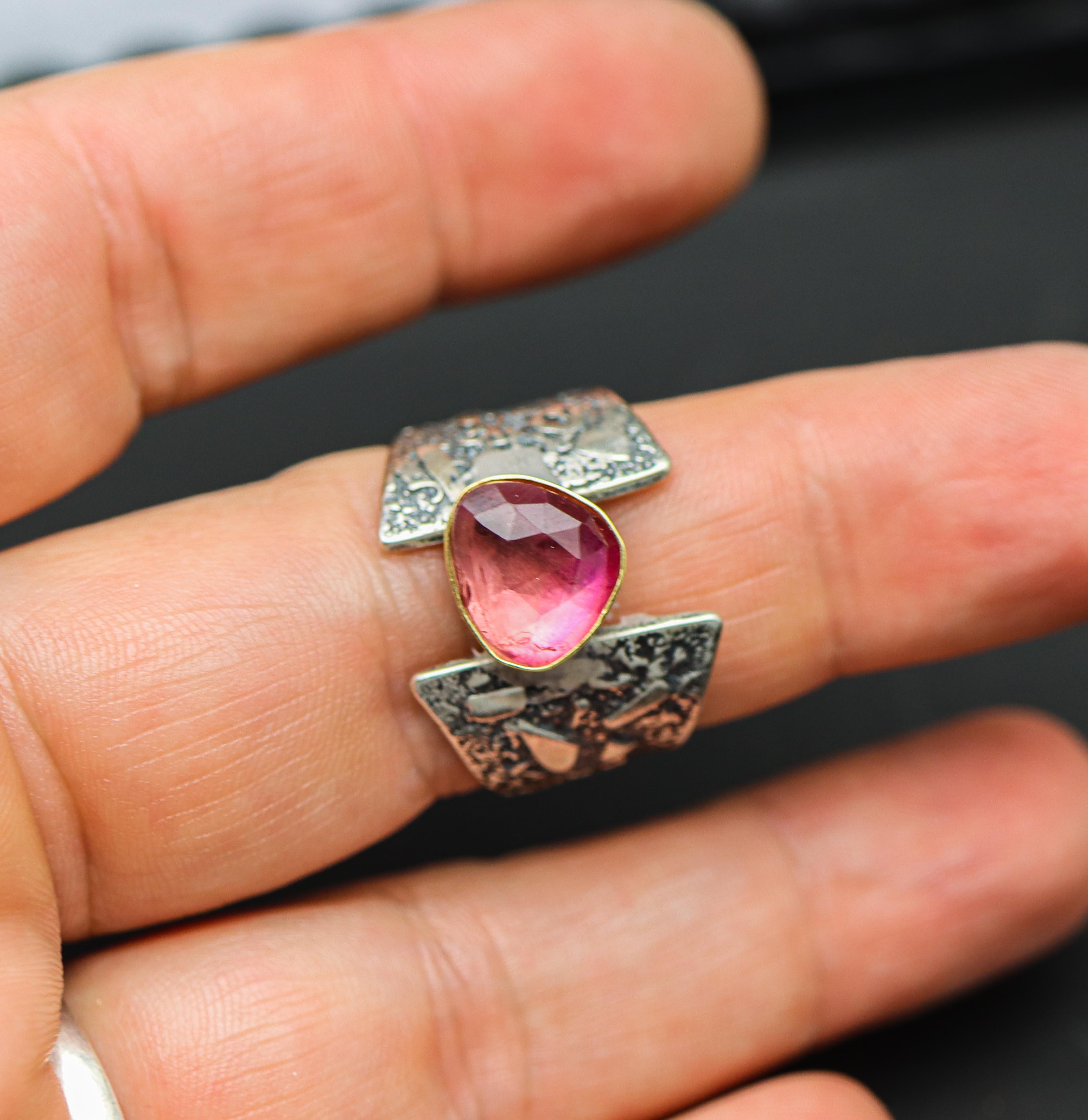 Pink Tourmaline Sterling Silver and 22k Gold Made to Finish Ring