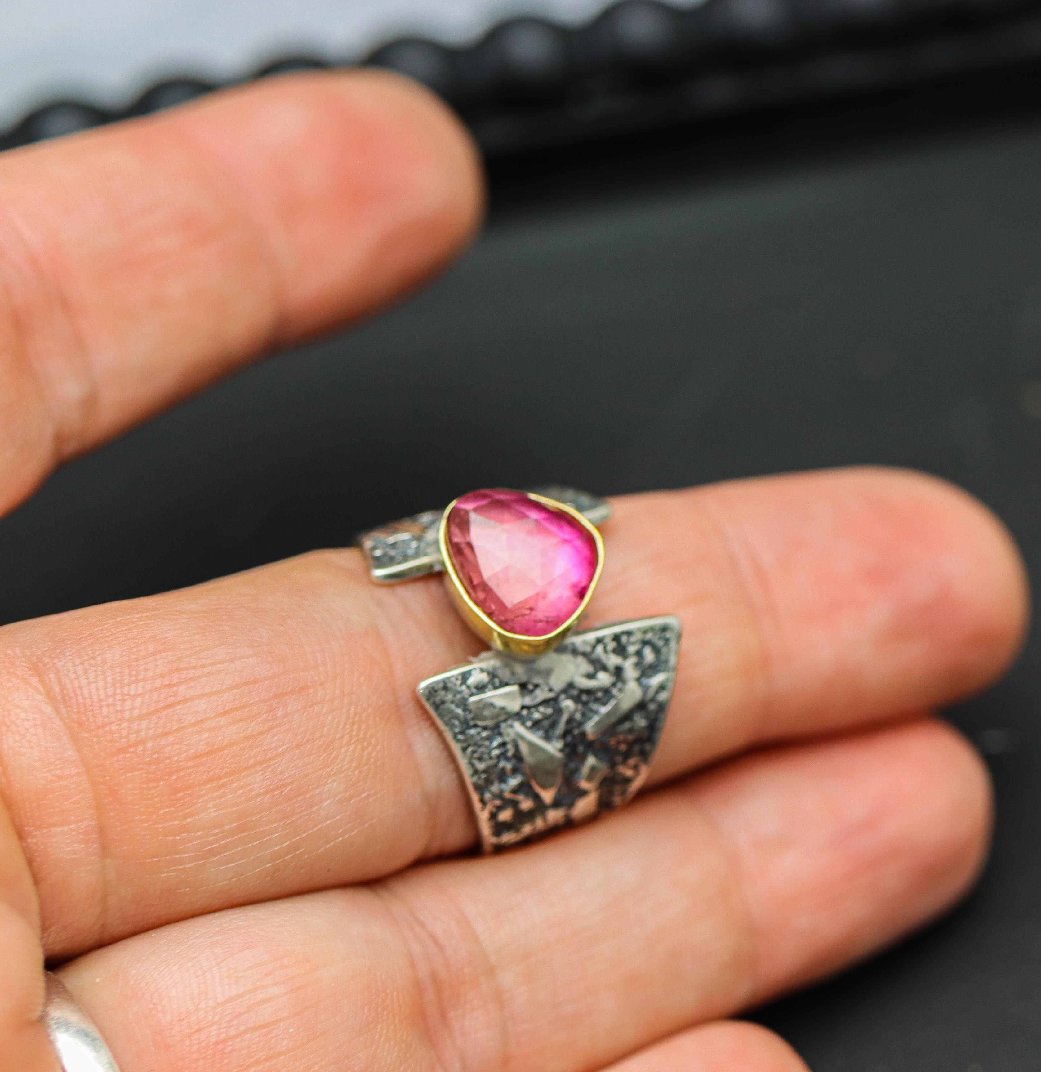 Pink Tourmaline Sterling Silver and 22k Gold Made to Finish Ring