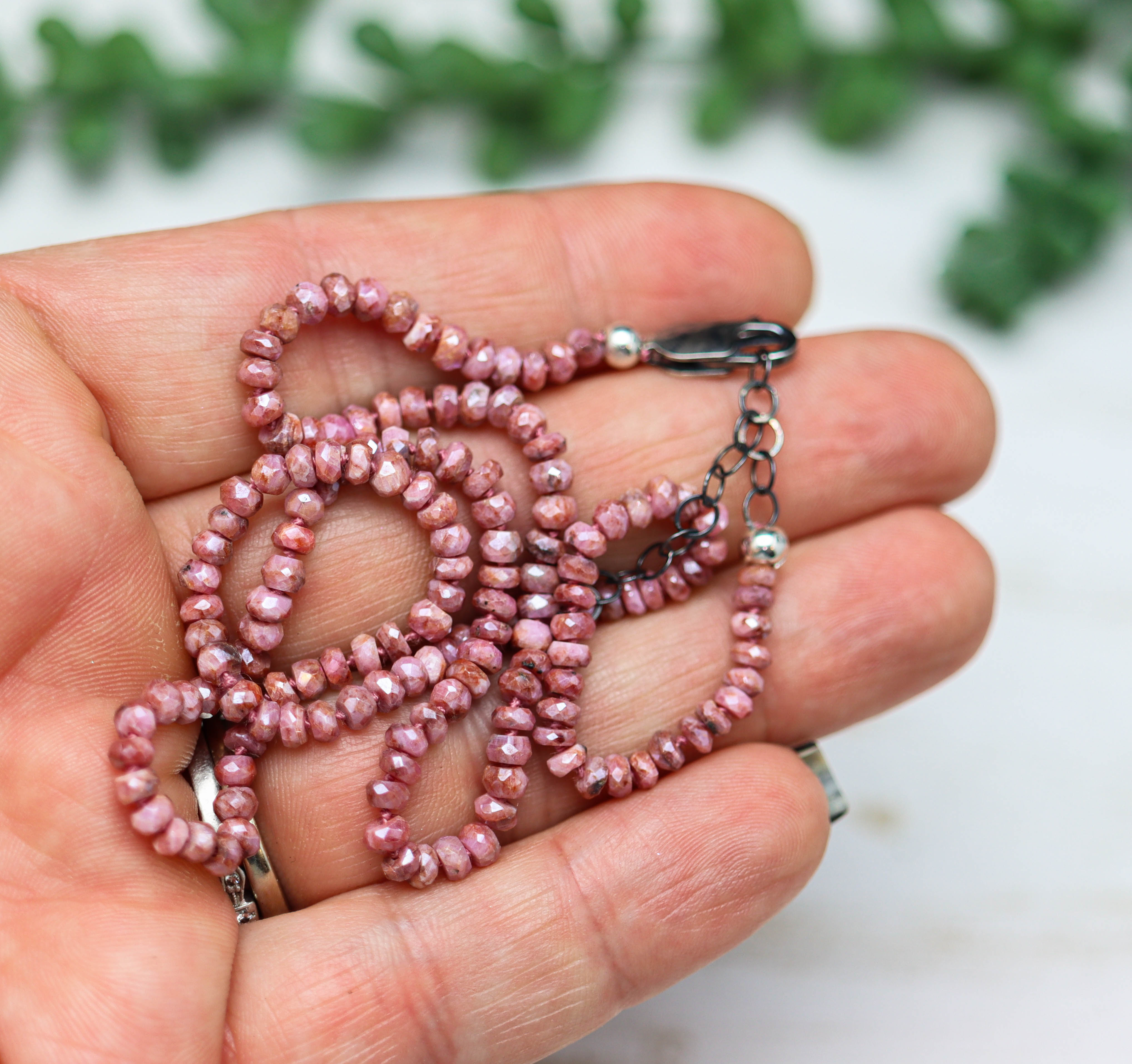 Pink Sapphire Hand Knotted Bead Necklace Sterling Silver