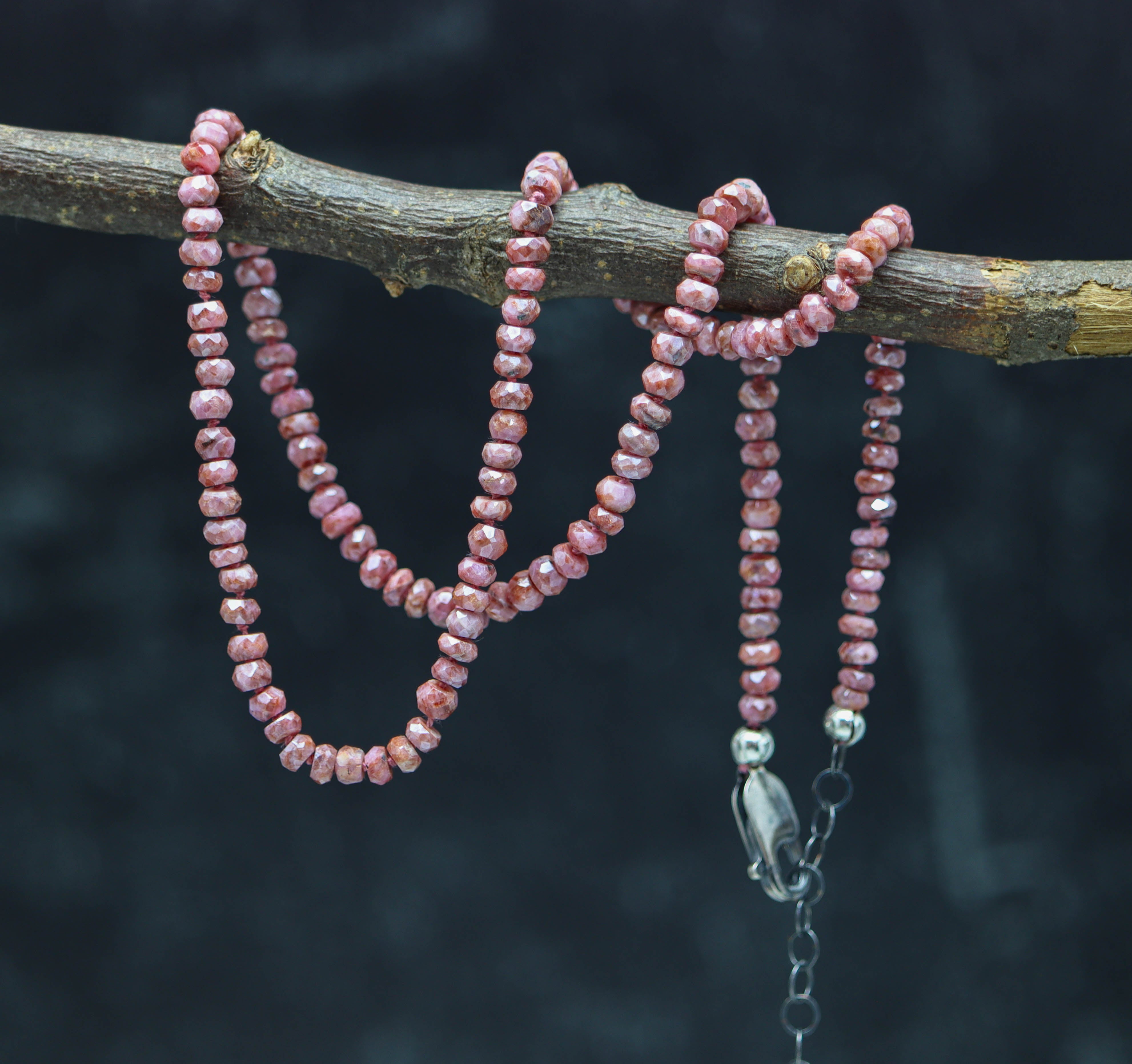 Pink Sapphire Hand Knotted Bead Necklace Sterling Silver