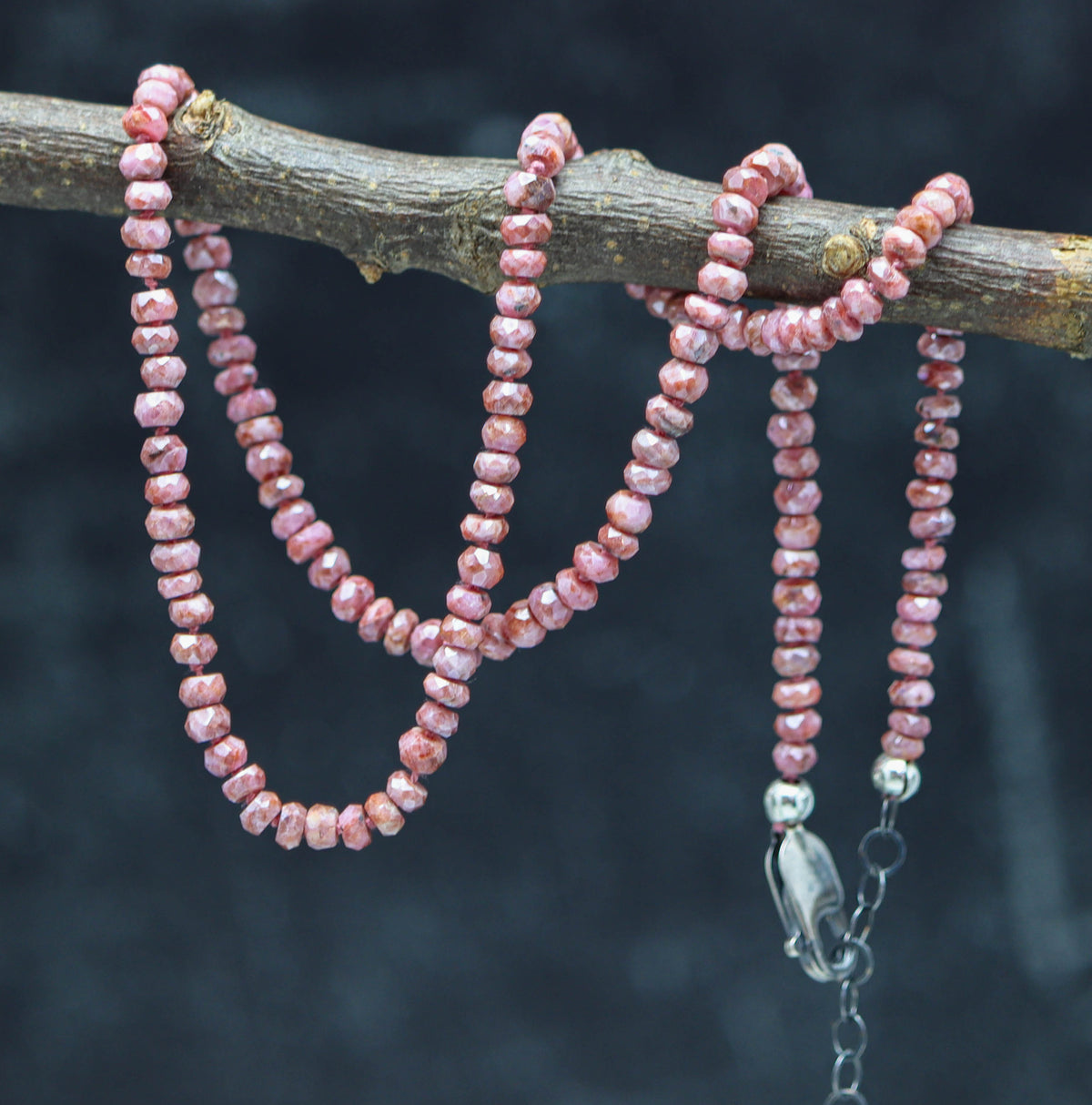 Pink Sapphire Hand Knotted Bead Necklace Sterling Silver