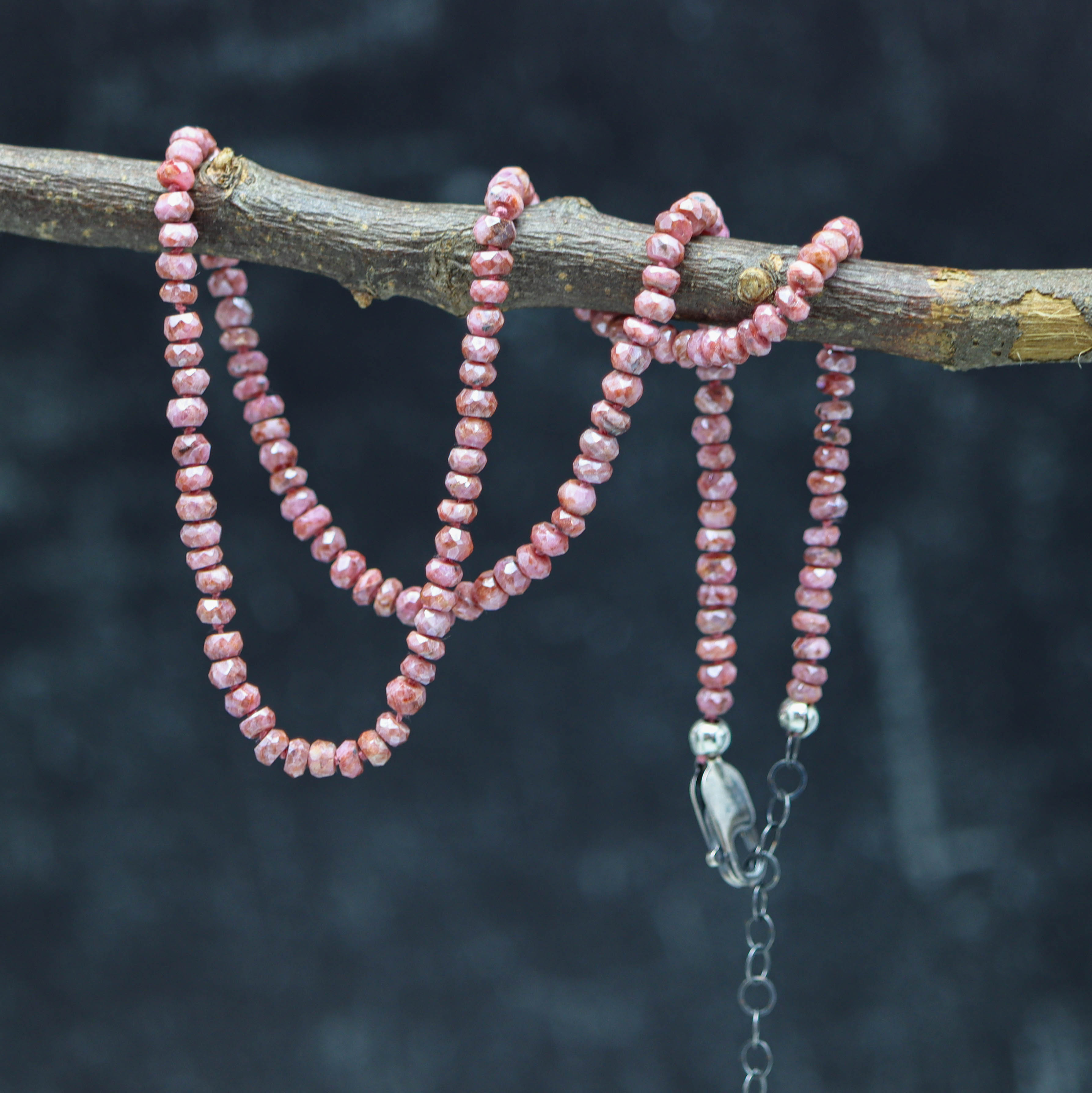 Pink Sapphire Hand Knotted Bead Necklace Sterling Silver