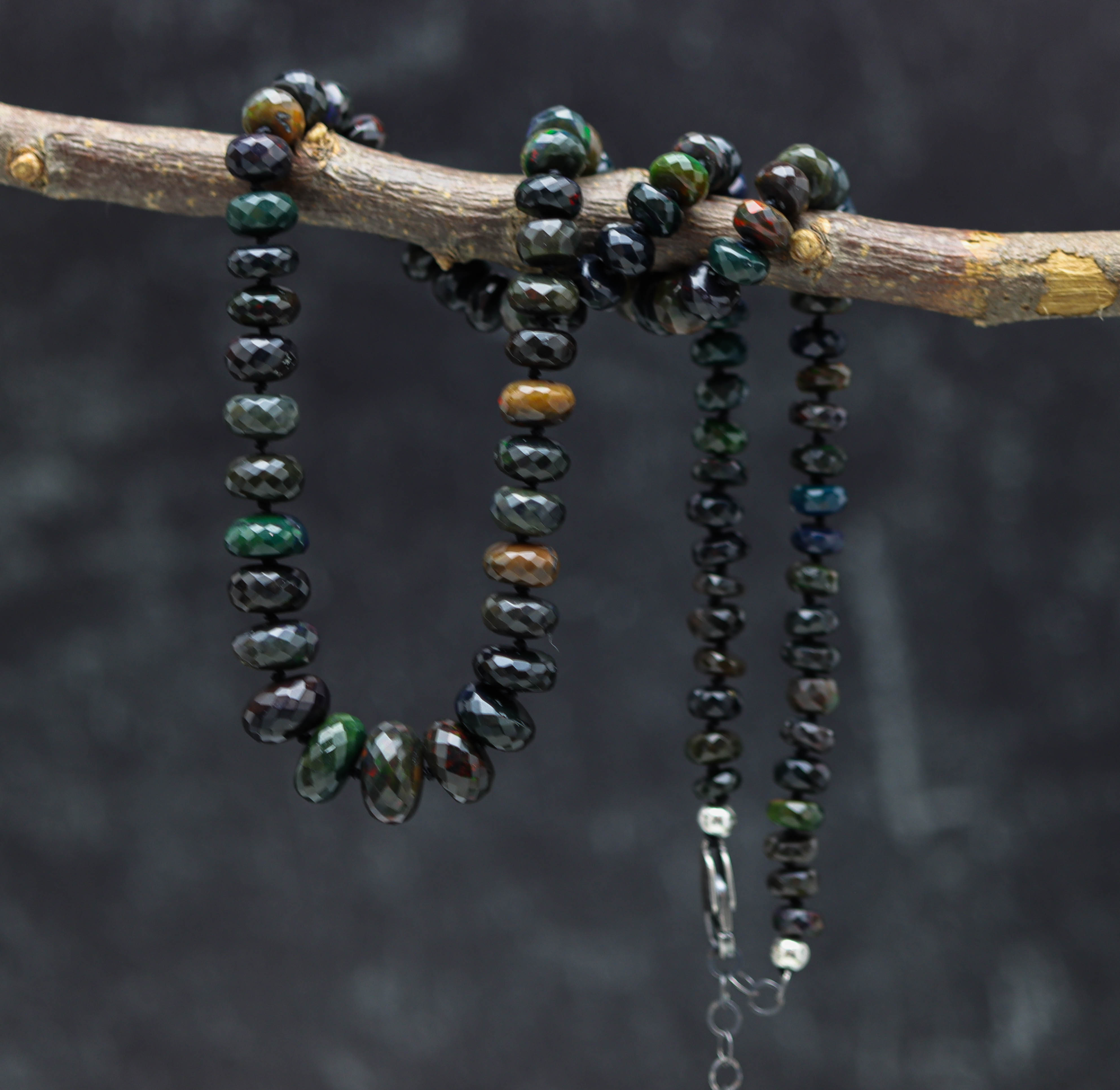 Black Opal Hand Knotted Bead Necklace Sterling Silver