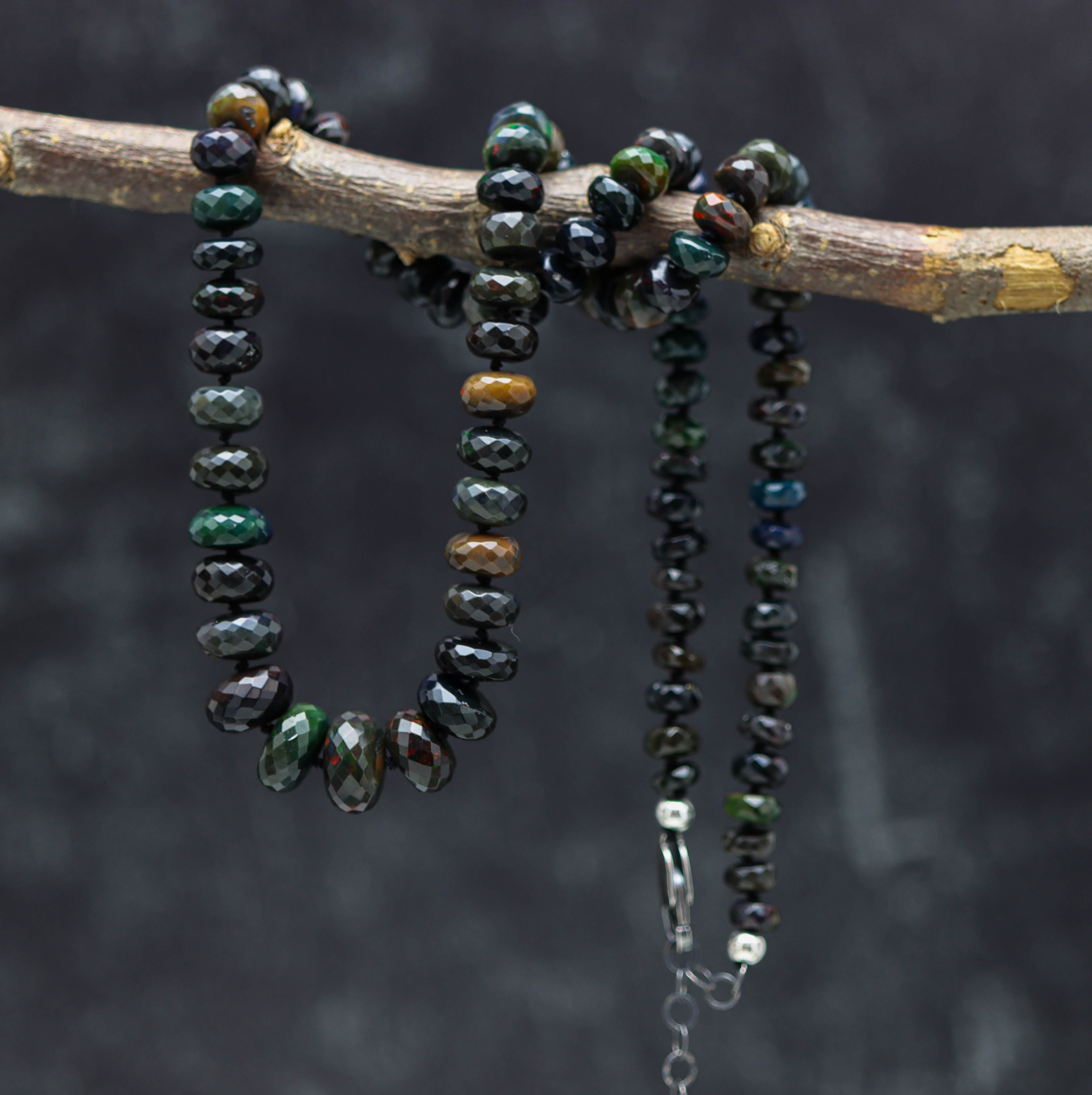 Black Opal Hand Knotted Bead Necklace Sterling Silver