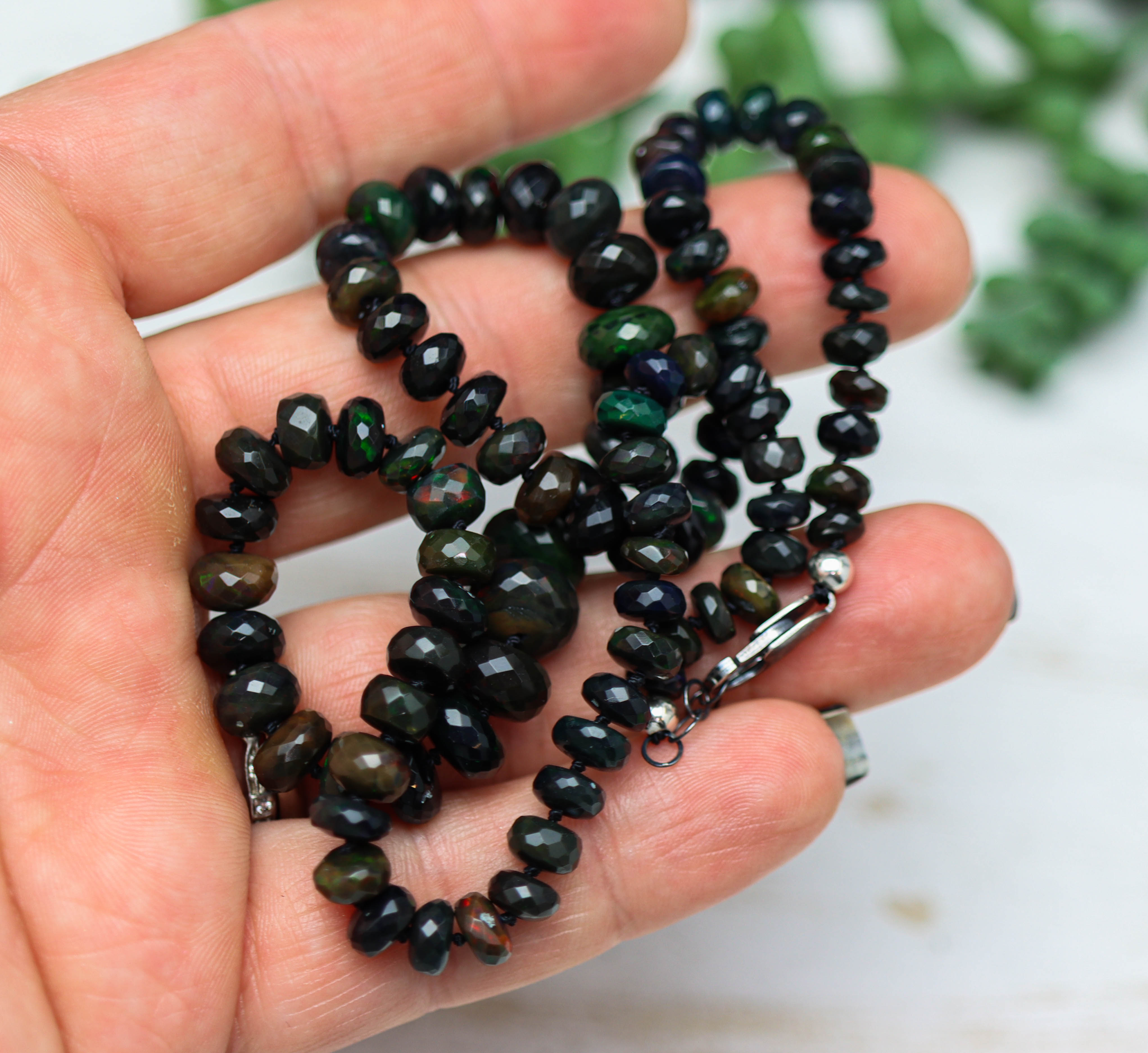 Black Opal Hand Knotted Bead Necklace Sterling Silver