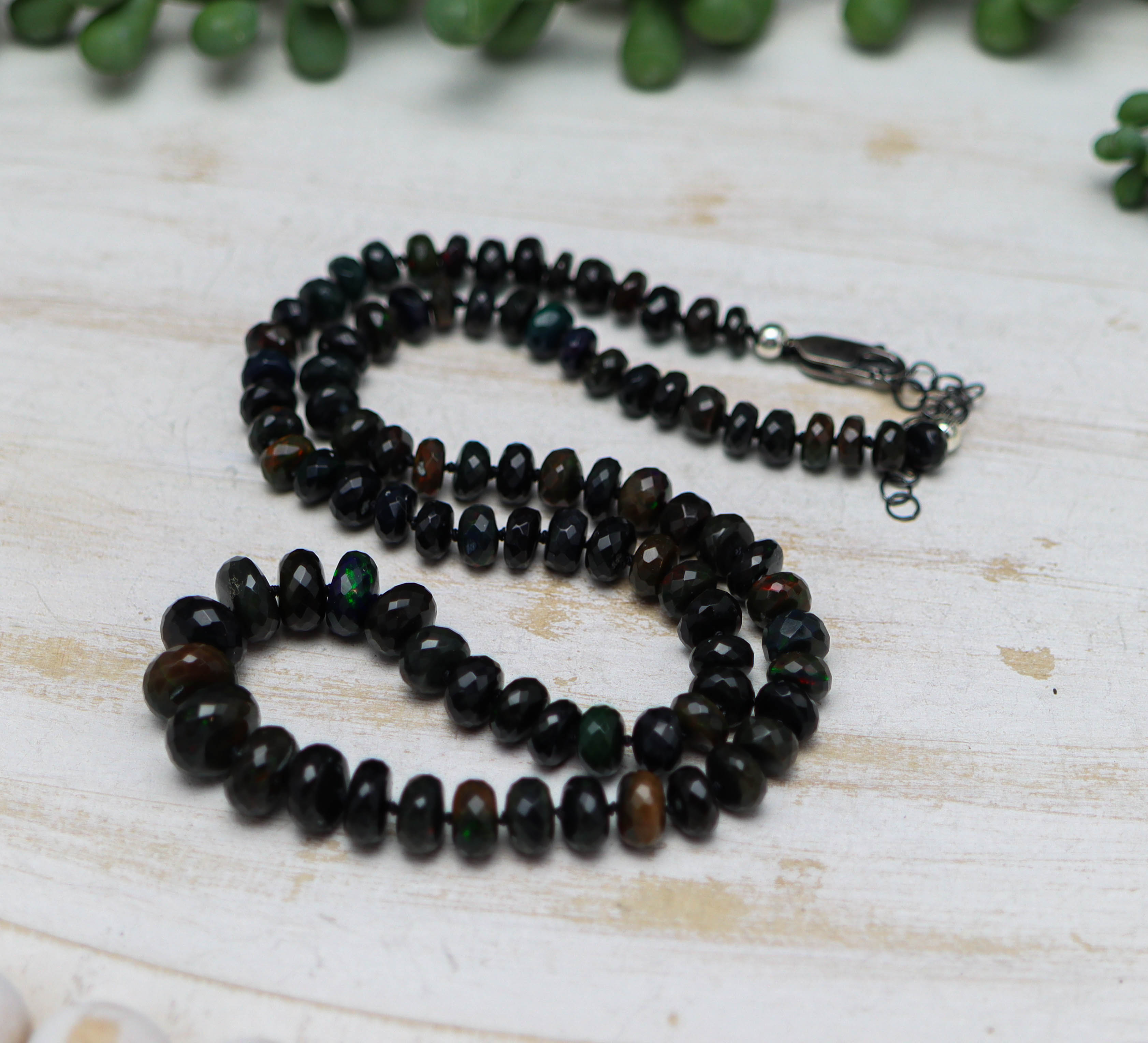 Black Opal Hand Knotted Bead Necklace Sterling Silver